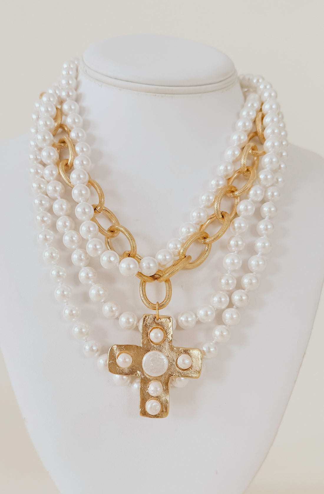 SUSAN SHAW PEARL CROSS MULTI STRAND NECKLACE