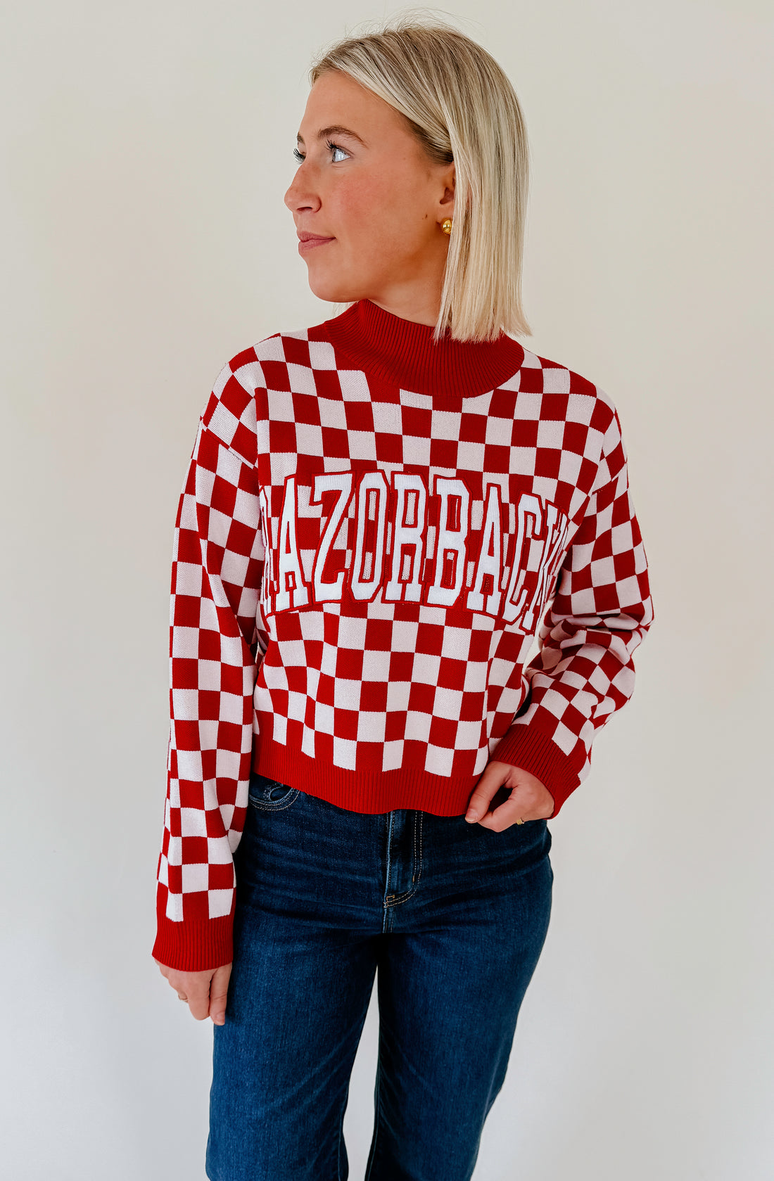 RAZORBACK CHECKERED CROP SWEATSHIRT