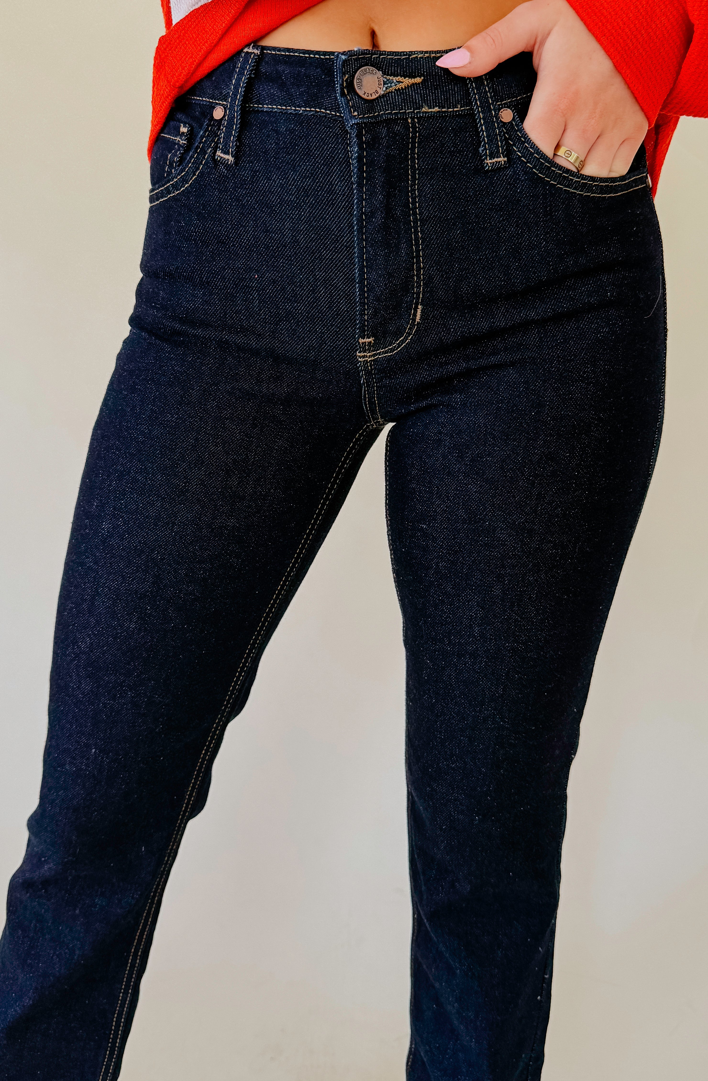 JUST BLACK CLEAN MID RISE STRAIGHT DENIM