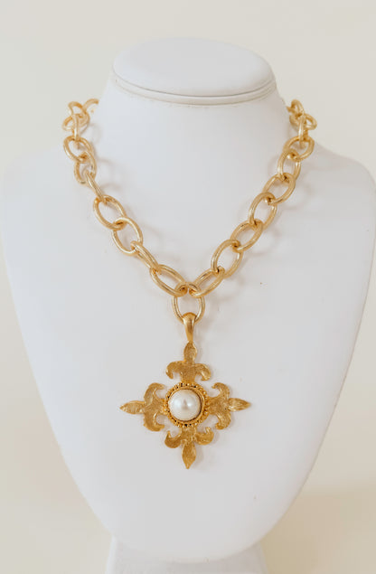SUSAN SHAW GOLD FLEUR CROSS + PEARL CHAIN NECKLACE