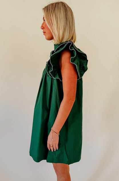 GREEN WITH ENVY RUFFLE SLEEVE DRESS