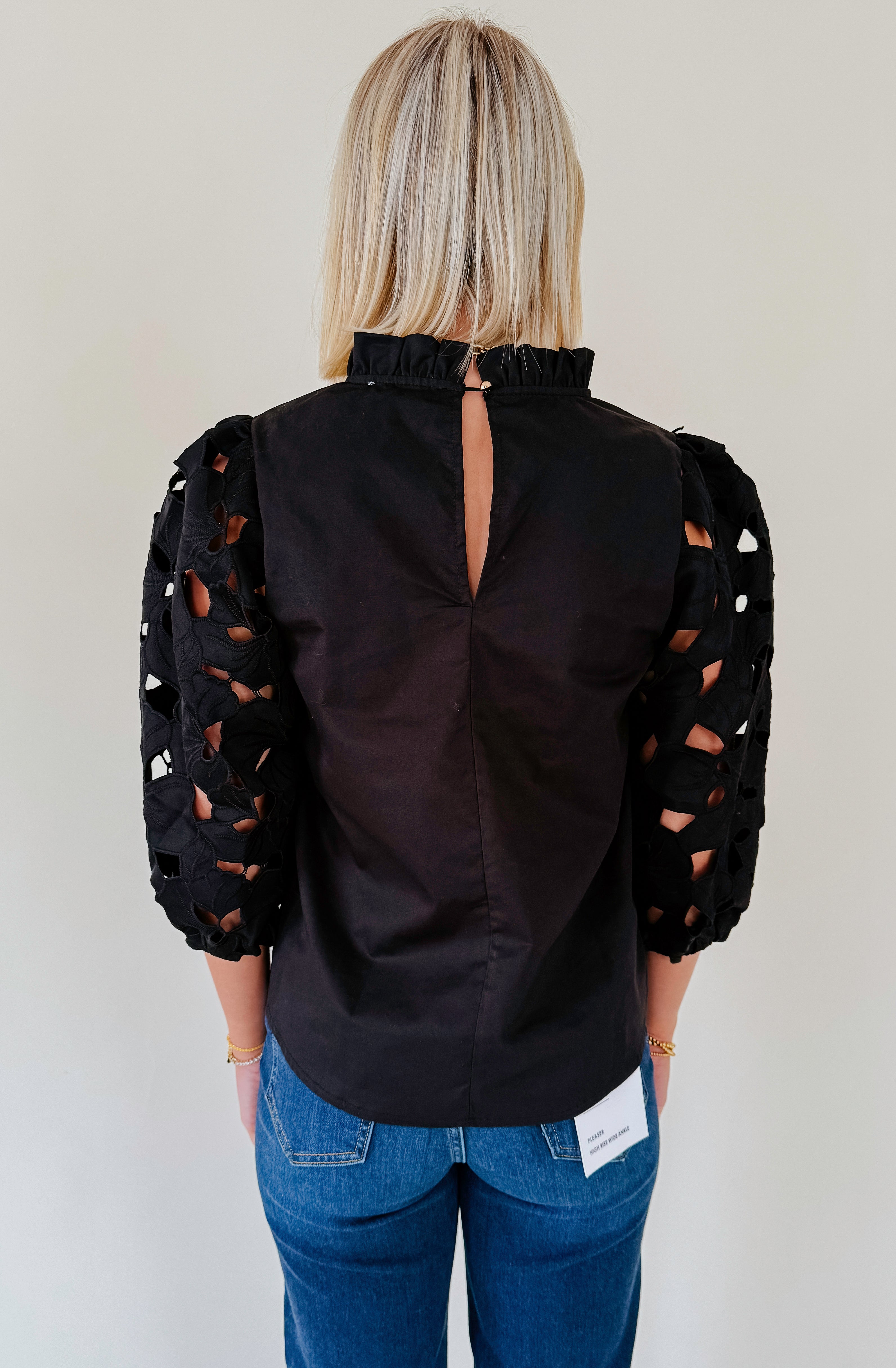 BACK IN BLACK EYELET SLEEVE BLOUSE