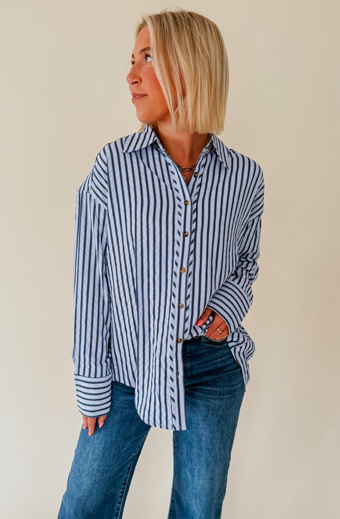 TAKES TIME STRIPED BUTTON UP