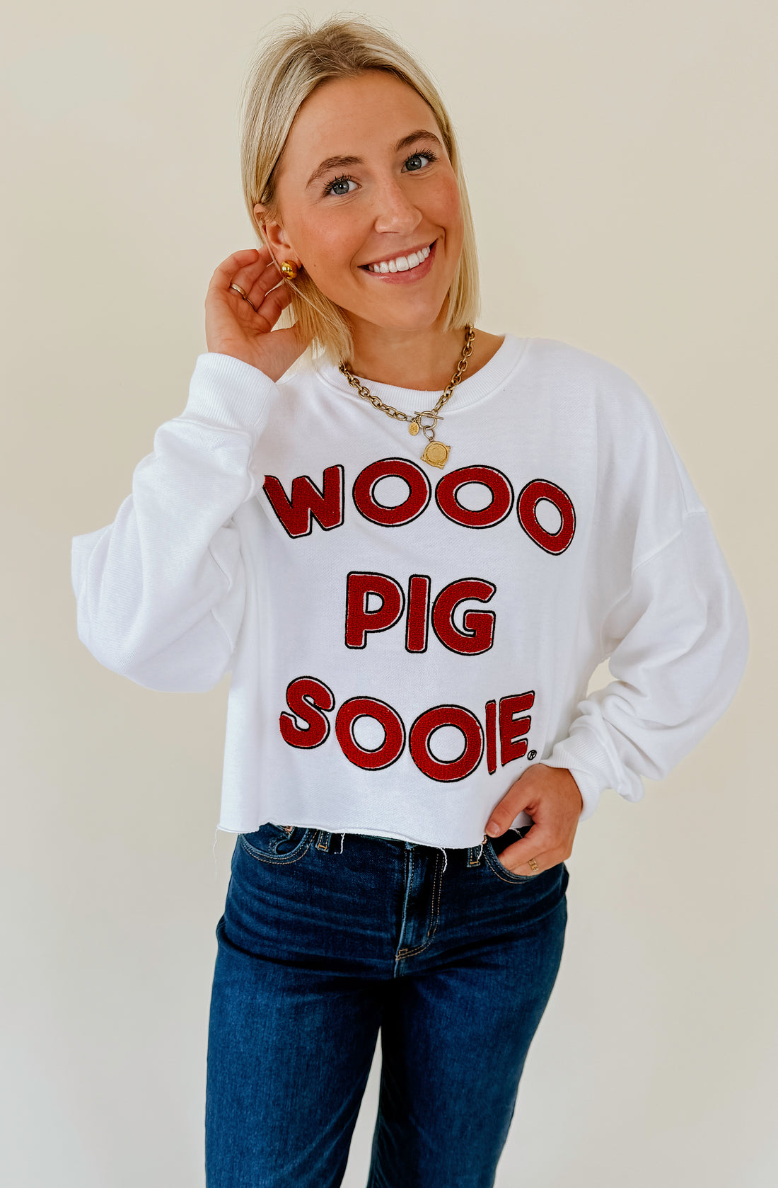ARKANSAS PERKINS CHENILLE CROPPED SWEATSHIRT