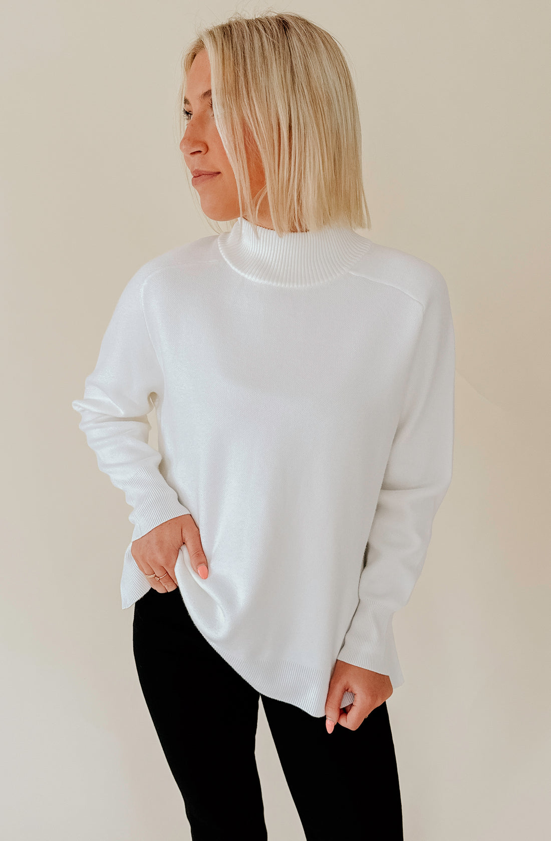 WINTER WHITE MOCK NECK SWEATER