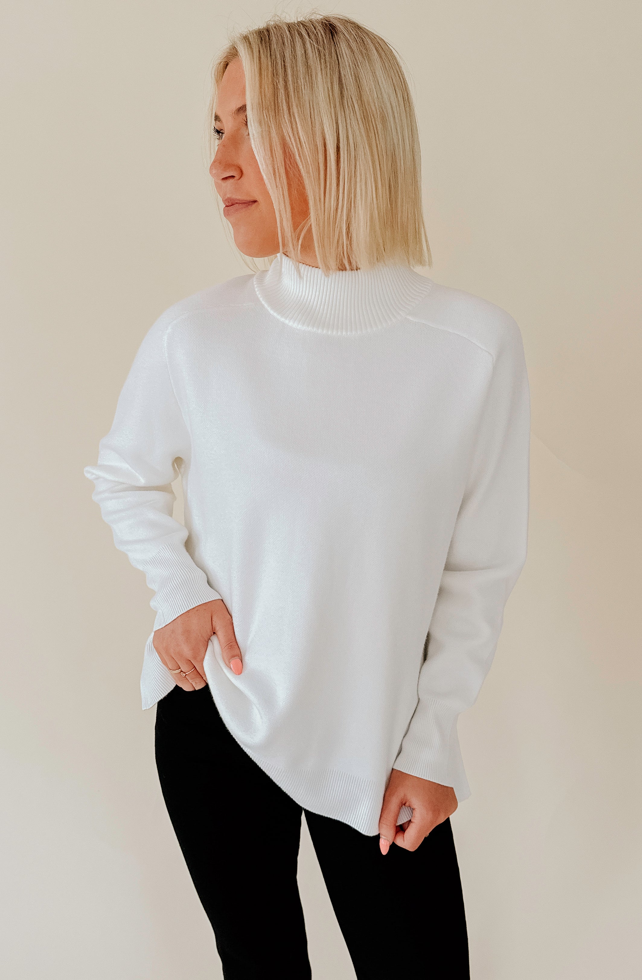 WINTER WHITE MOCK NECK SWEATER