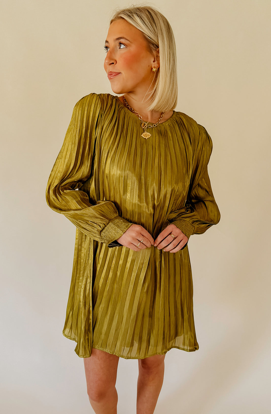 THE EVELYN PLEATED SHIFT DRESS