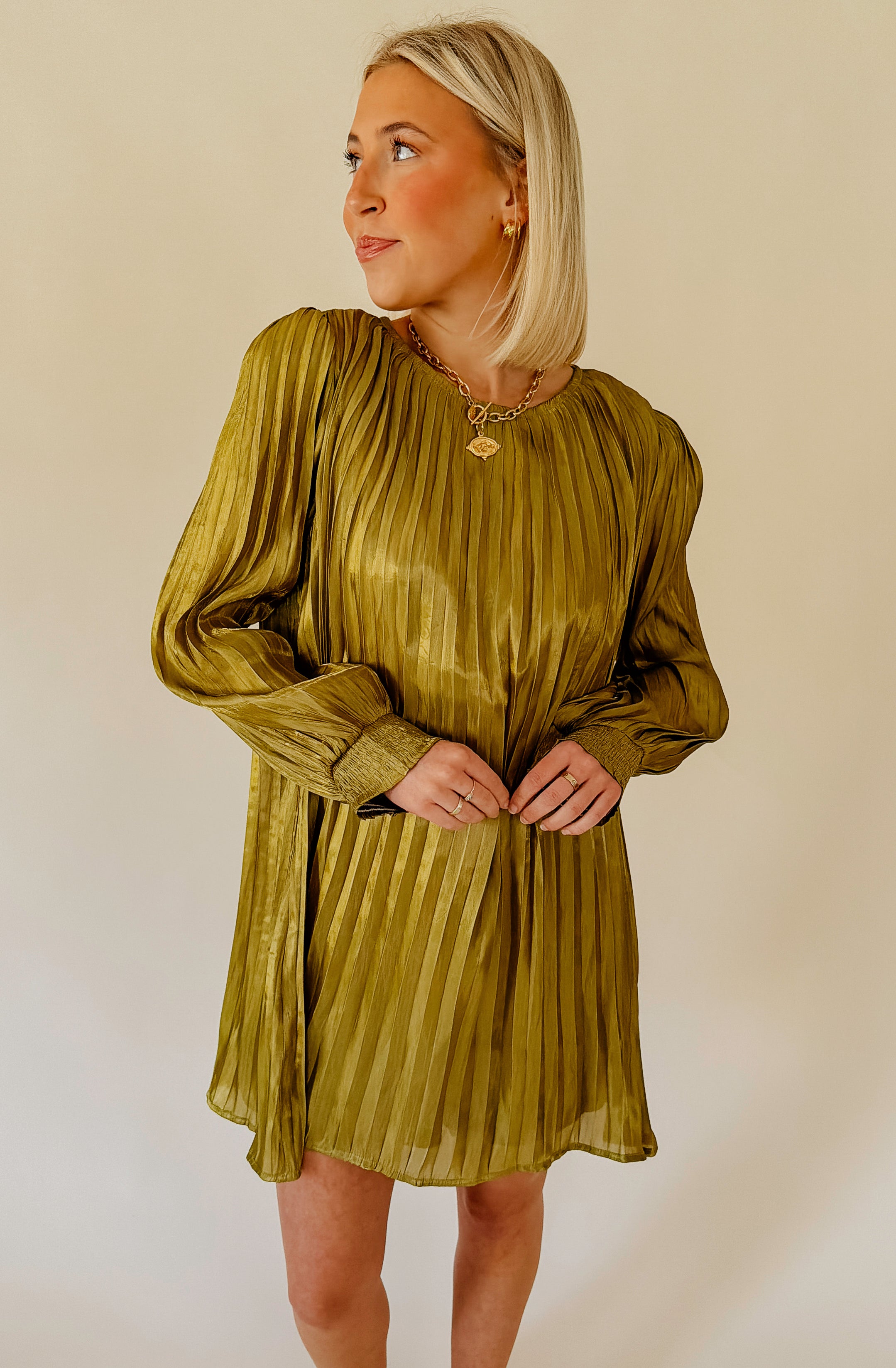 THE EVELYN PLEATED SHIFT DRESS