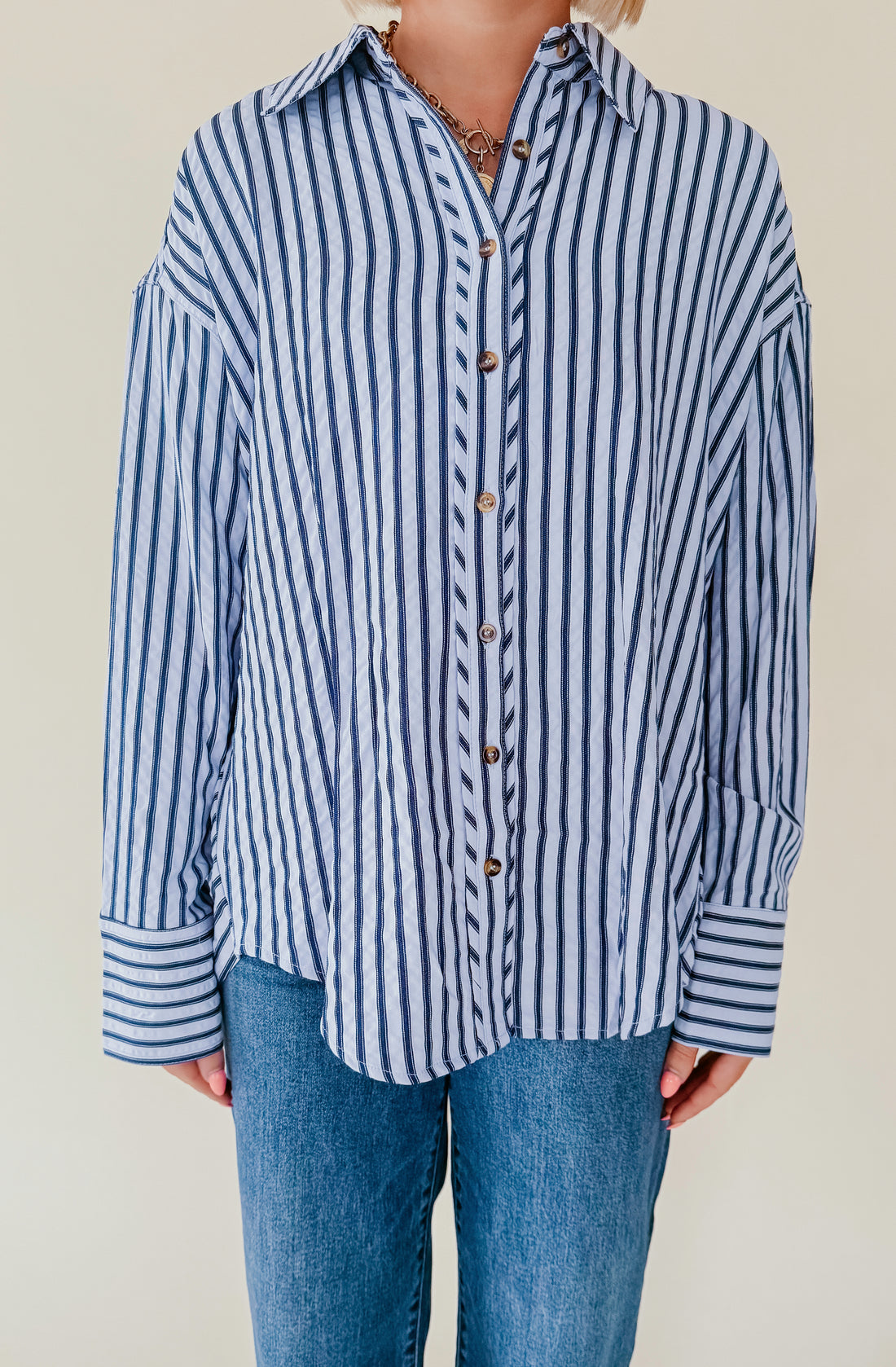 TAKES TIME STRIPED BUTTON UP