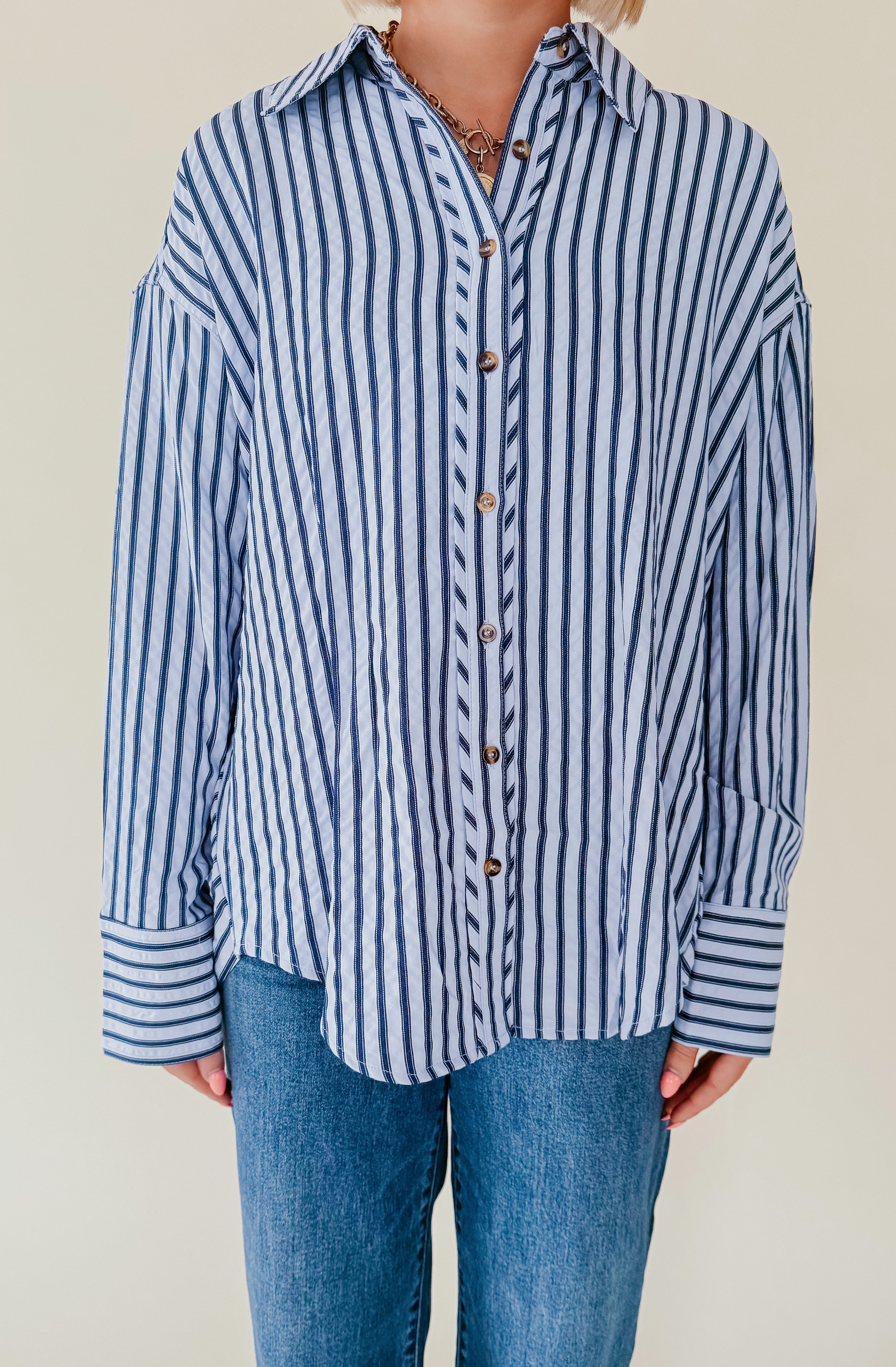 TAKES TIME STRIPED BUTTON UP