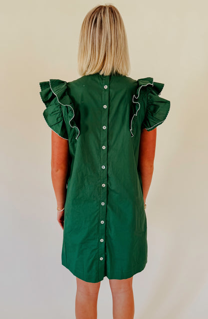 GREEN WITH ENVY RUFFLE SLEEVE DRESS