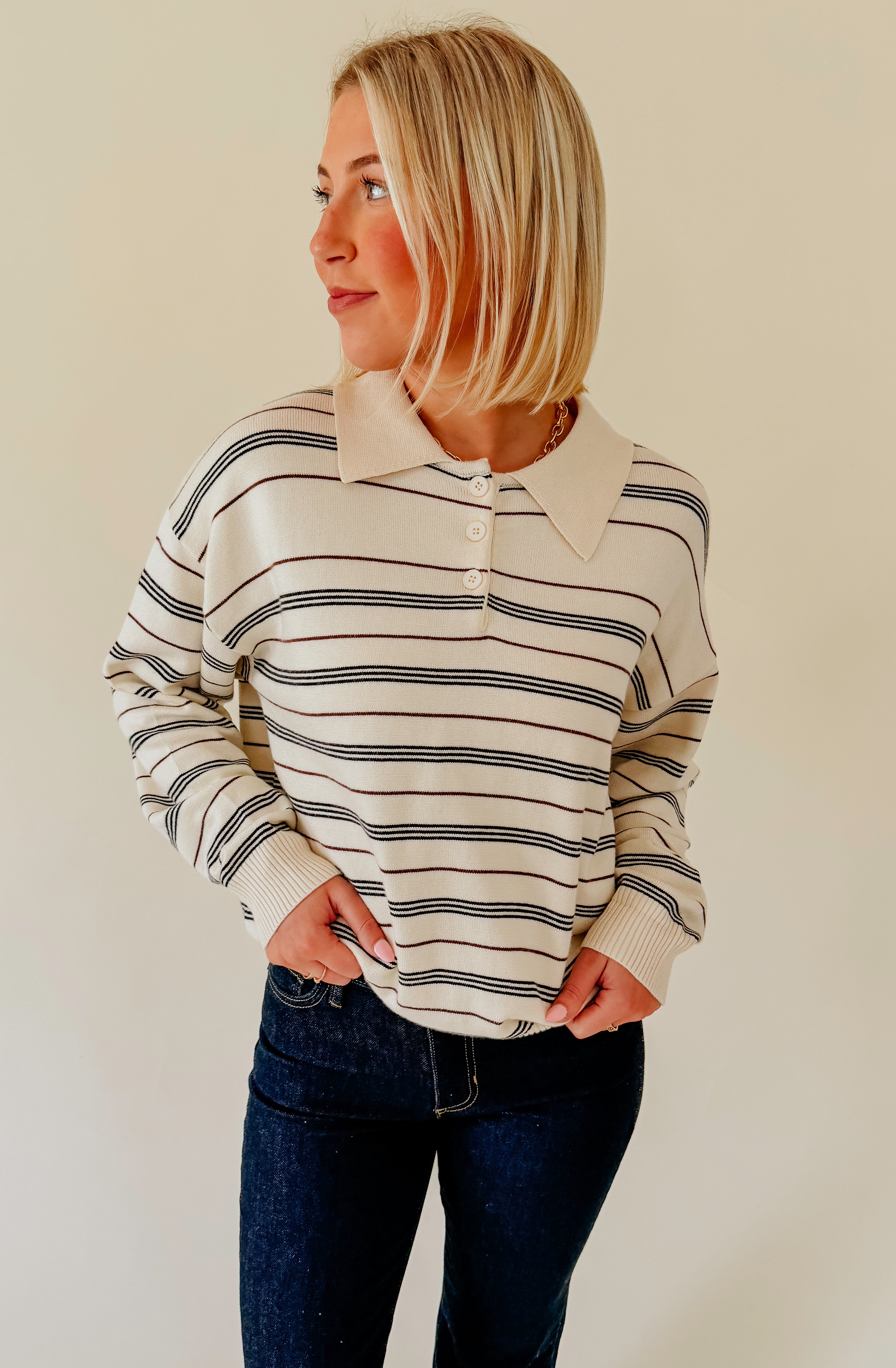 LIKE A BREEZE STRIPED HENLEY TOP
