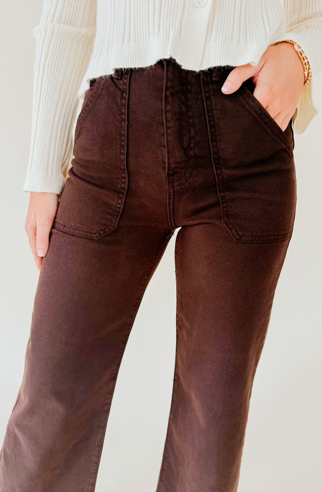 JUST BLACK HIGH RISE CARGO POCKET DENIM IN CHOCOLATE