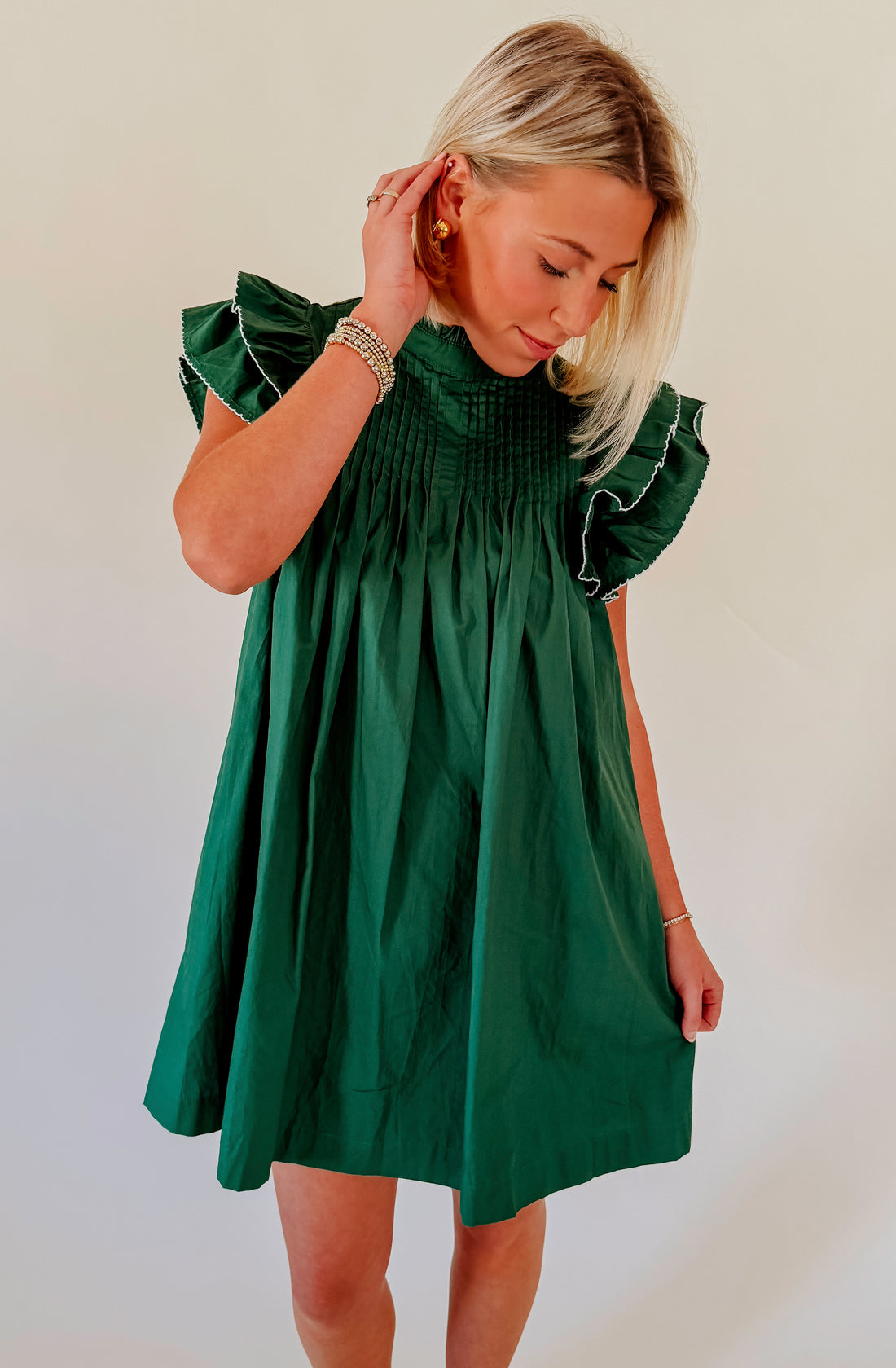 GREEN WITH ENVY RUFFLE SLEEVE DRESS