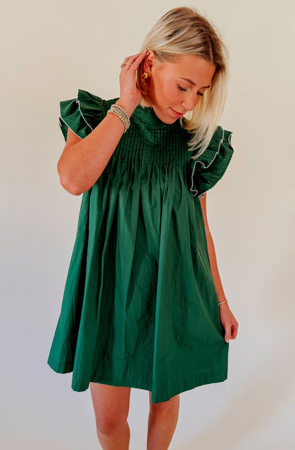 GREEN WITH ENVY RUFFLE SLEEVE DRESS