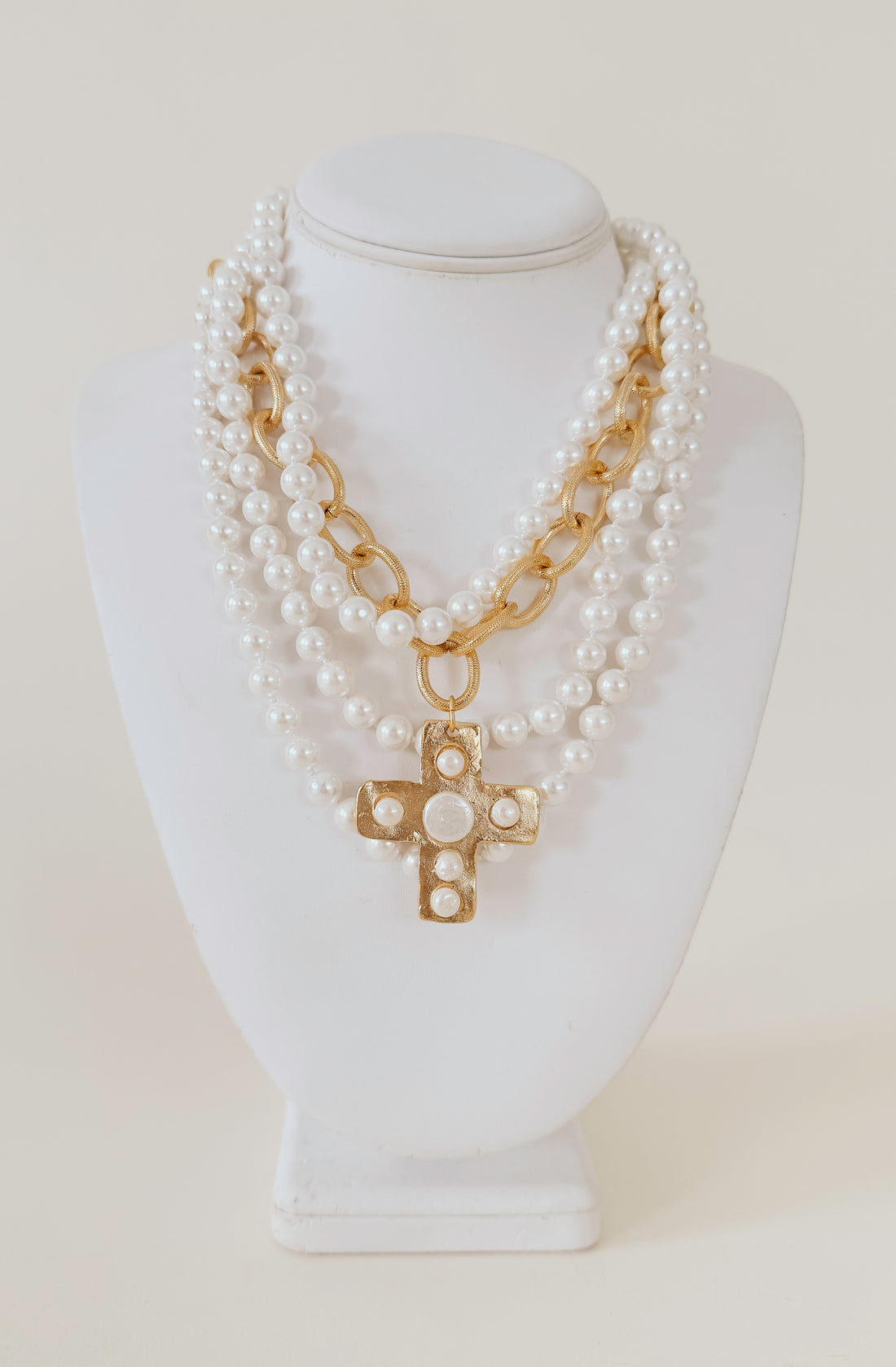 SUSAN SHAW PEARL CROSS MULTI STRAND NECKLACE