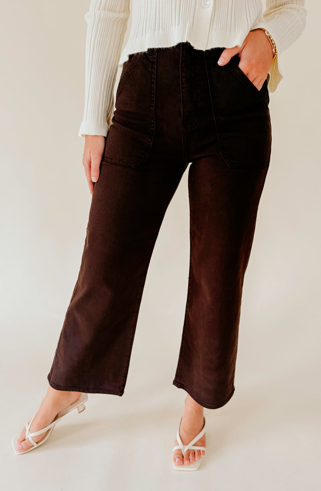 JUST BLACK HIGH RISE CARGO POCKET DENIM IN CHOCOLATE