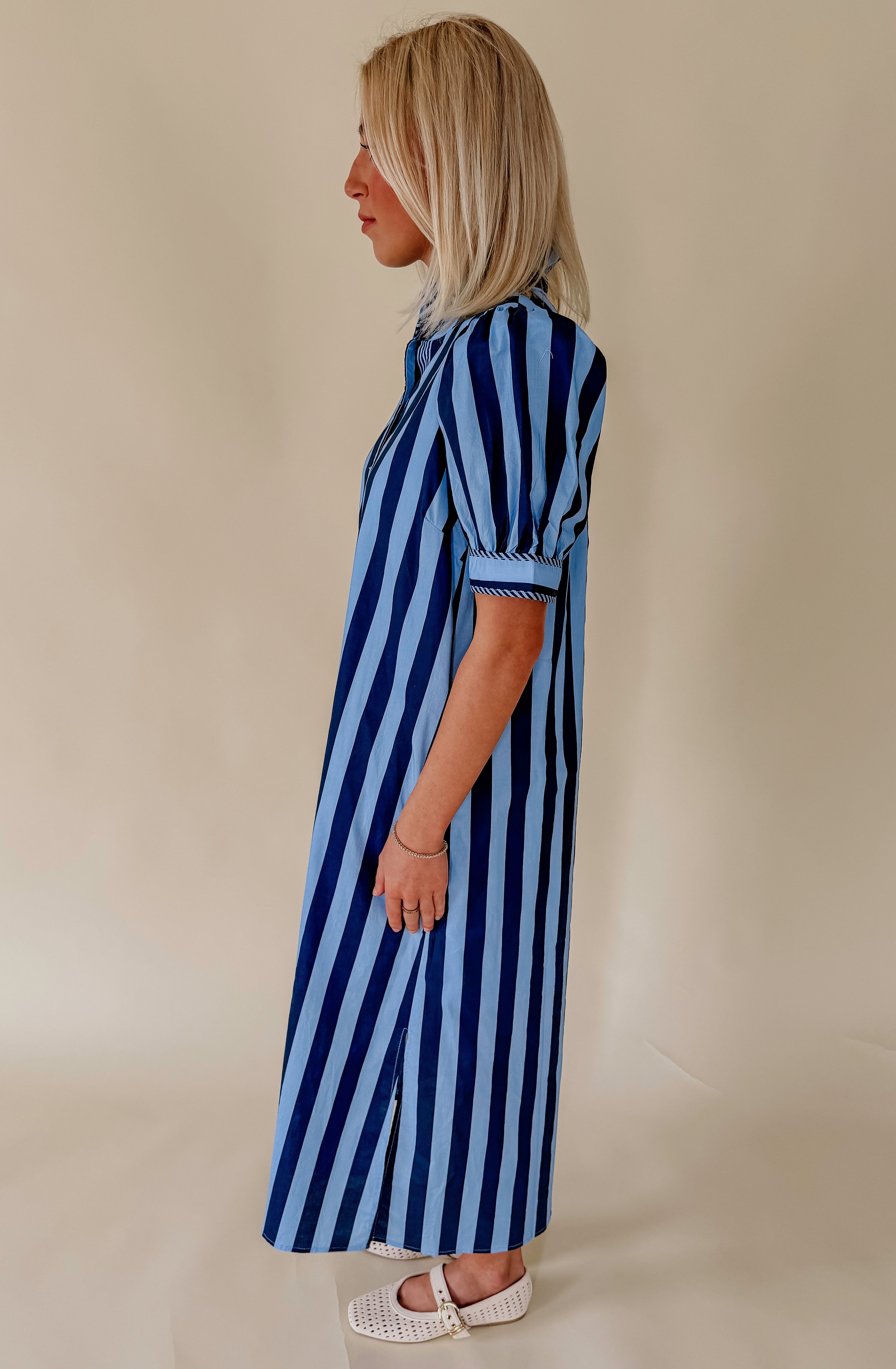 STRIPED TO PERFECTION POPLIN BLEND MIDI DRESS