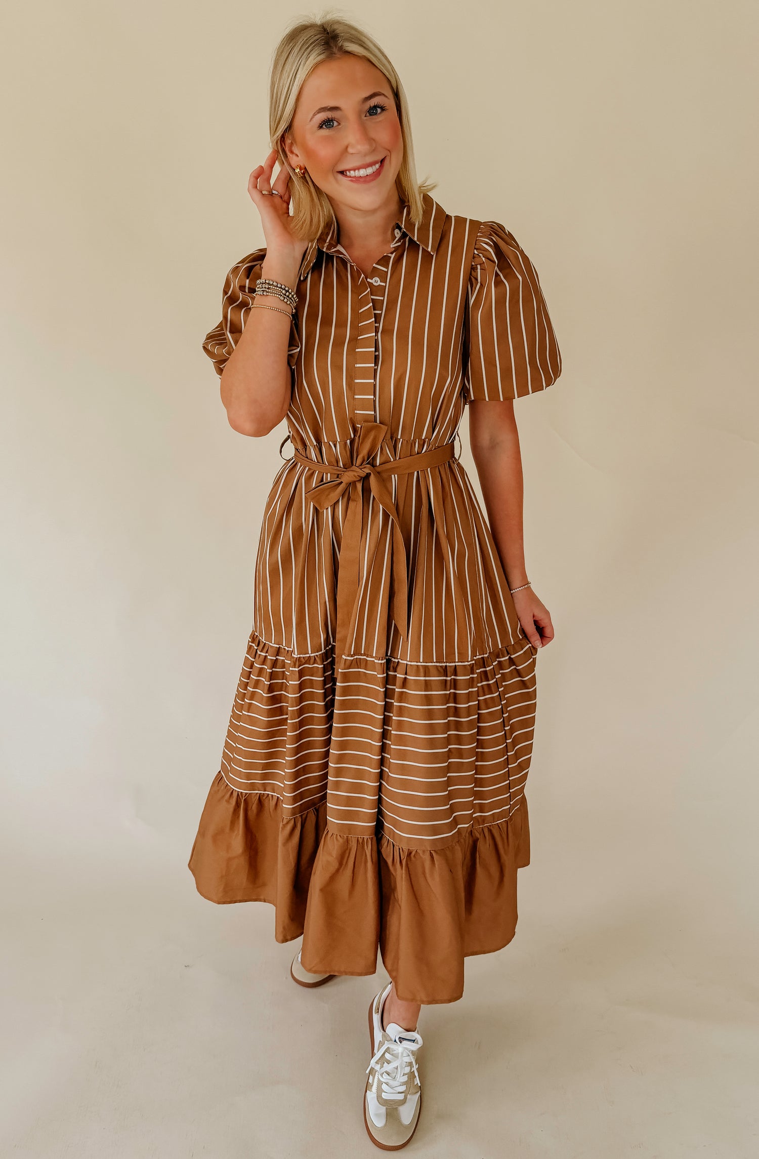 GOLDEN HOUR STRIPED MIDI DRESS BROWN / L GOLDEN HOUR STRIPED MIDI DRESS BROWN / L