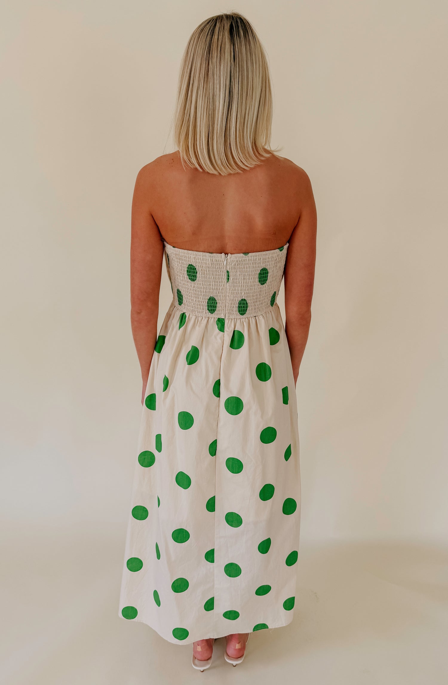 RIGHT ON THE DOT STRAPLESS MIDI DRESS