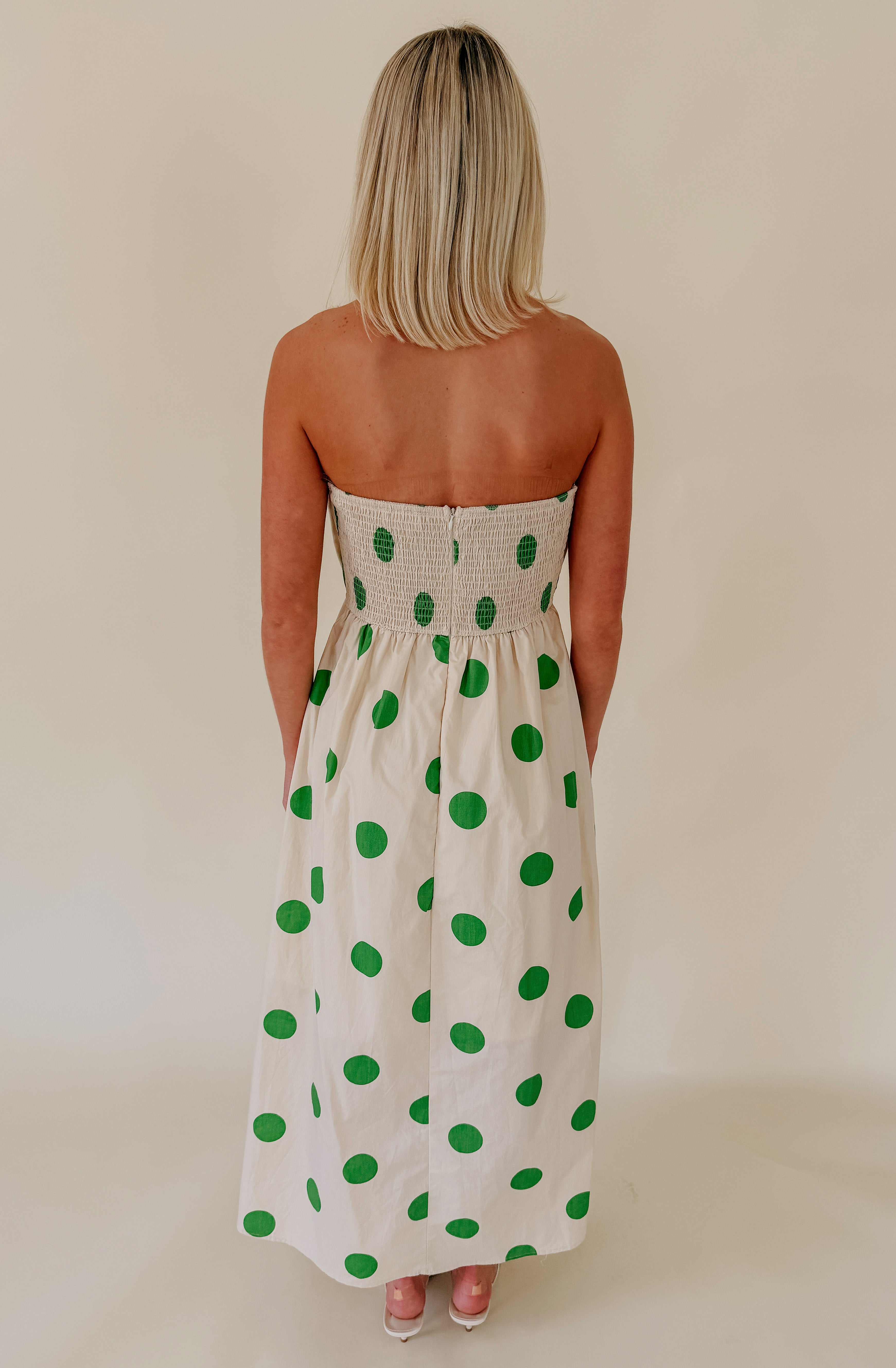 RIGHT ON THE DOT STRAPLESS MIDI DRESS