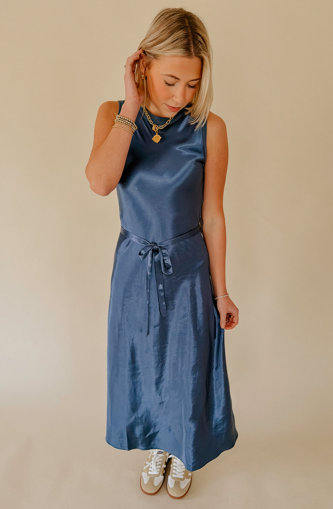 NIGHT CHANGES BELTED MIDI DRESS