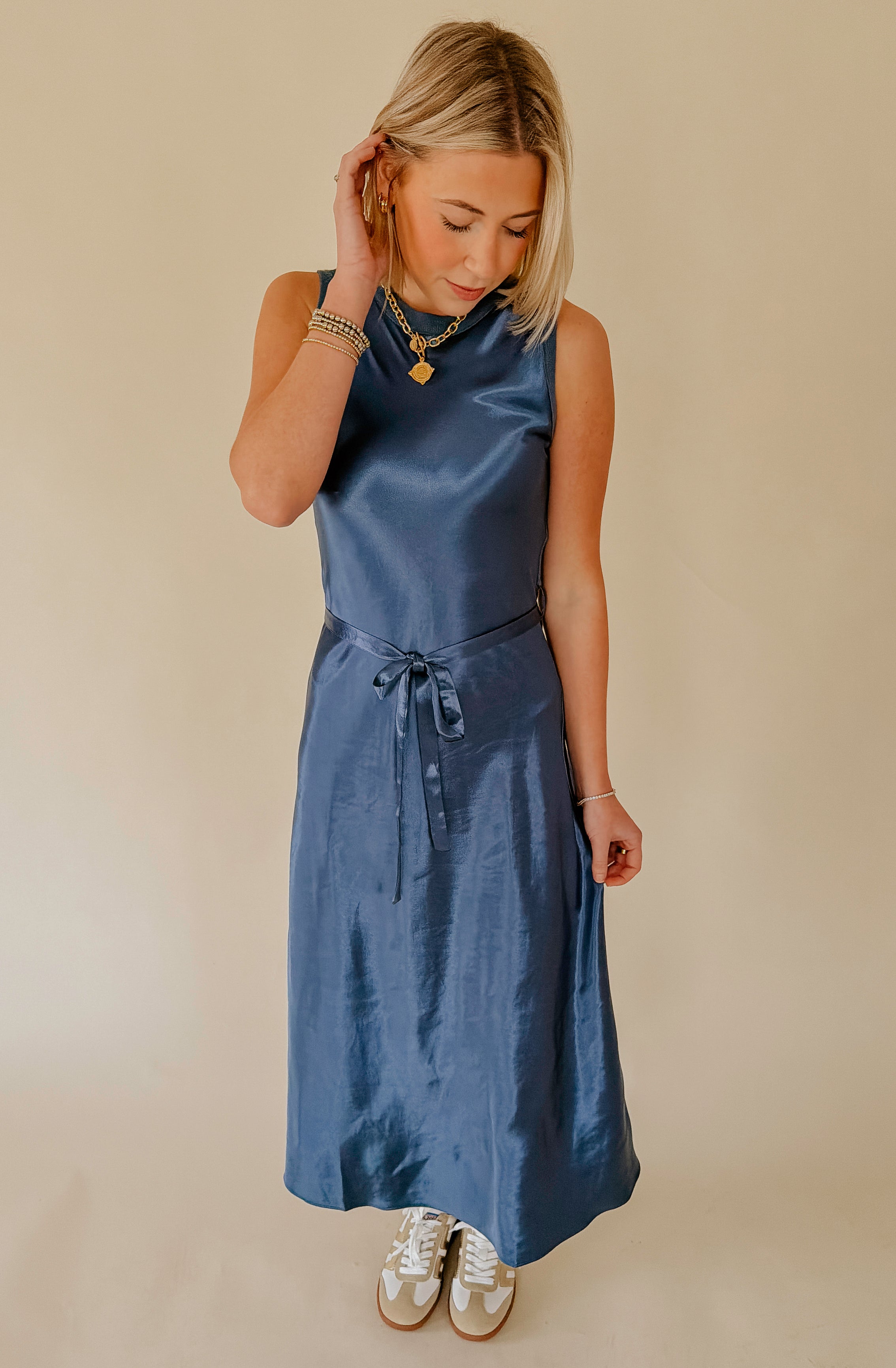 NIGHT CHANGES BELTED MIDI DRESS