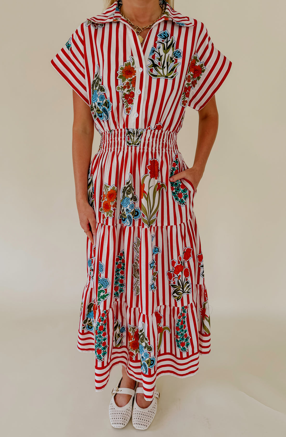 PUERTO RICO COLLARED MIDI DRESS