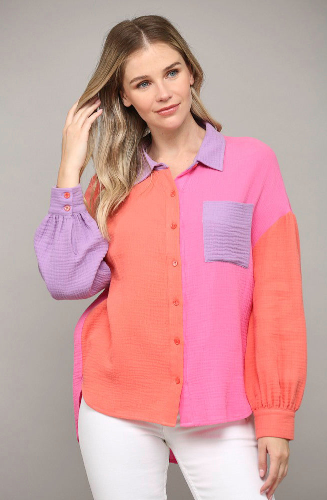 BLOCKED PARTY BUTTONED TOP