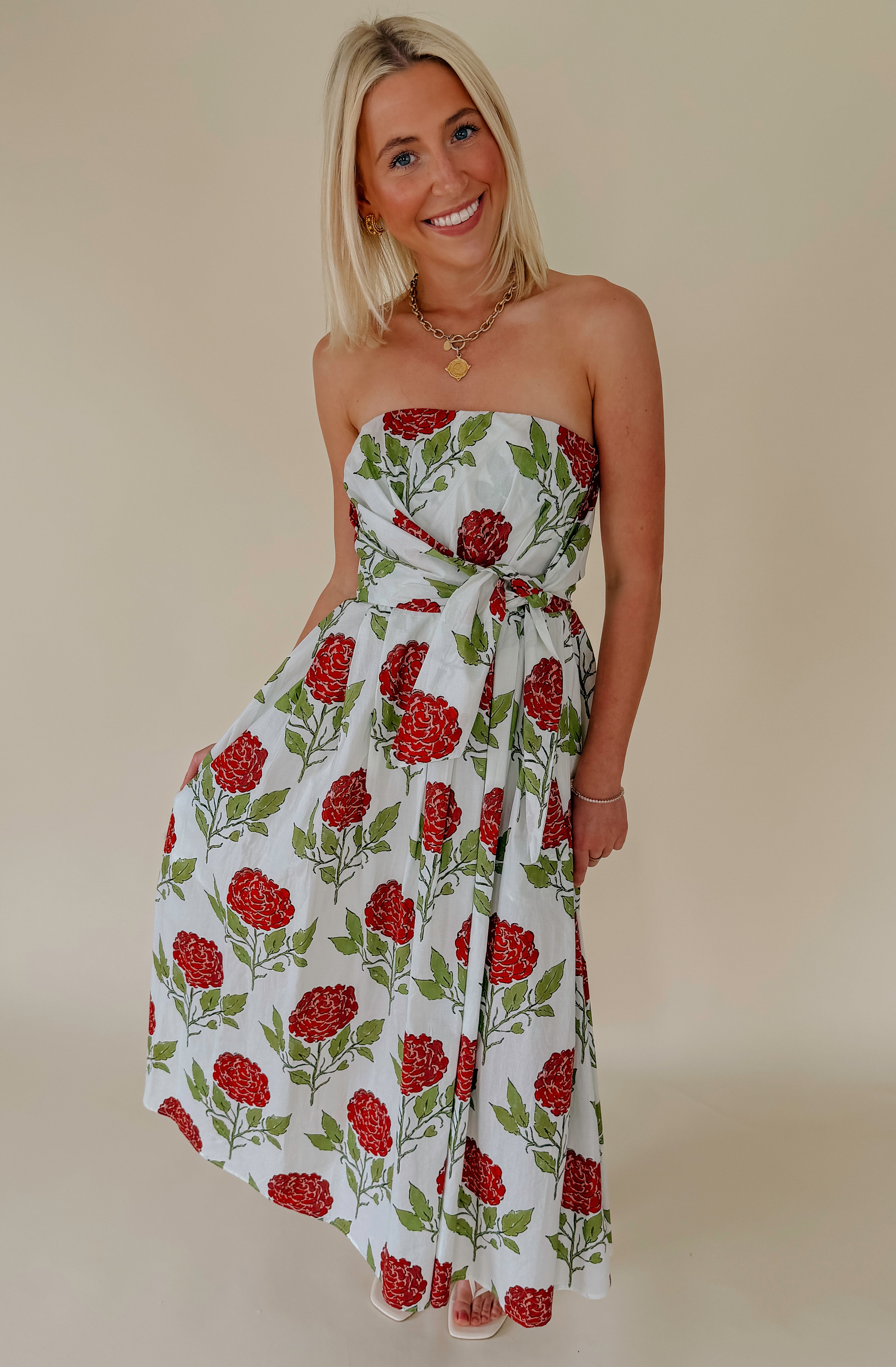 ROSE ALL DAY STRAPLESS MIDI DRESS