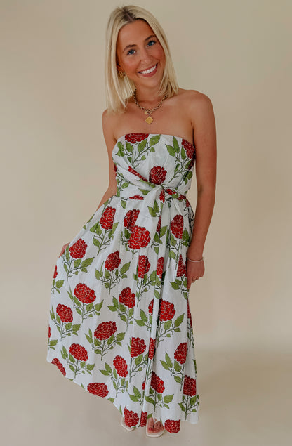 ROSE ALL DAY STRAPLESS MIDI DRESS