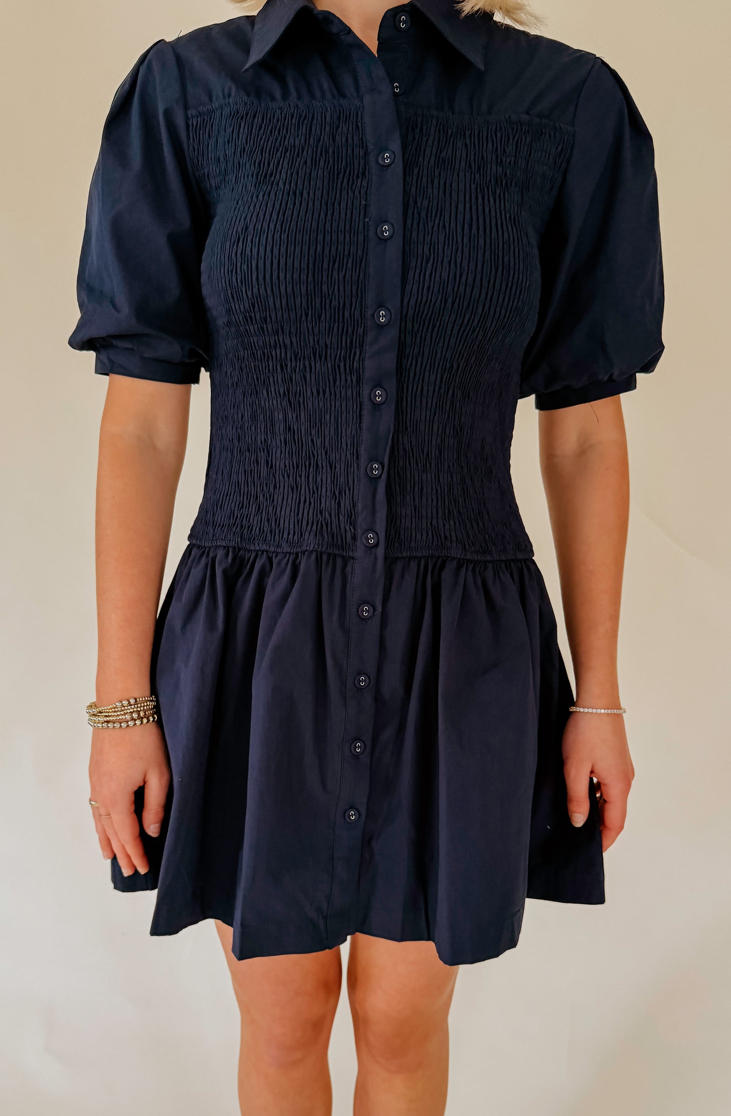 NIGHT HOUR SMOCKED MINI DRESS