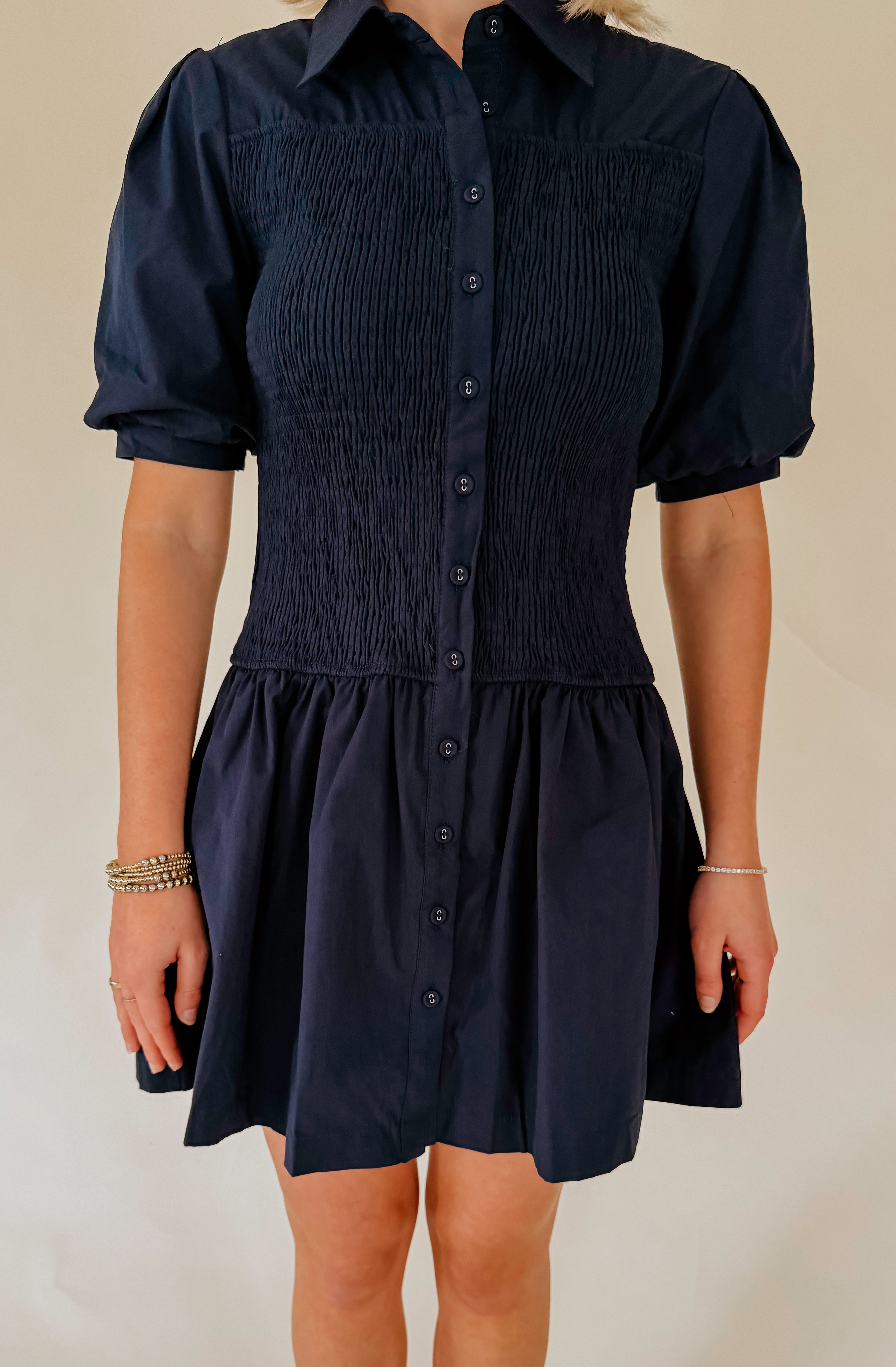 NIGHT HOUR SMOCKED MINI DRESS