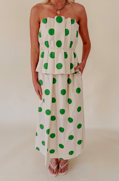 RIGHT ON THE DOT STRAPLESS MIDI DRESS