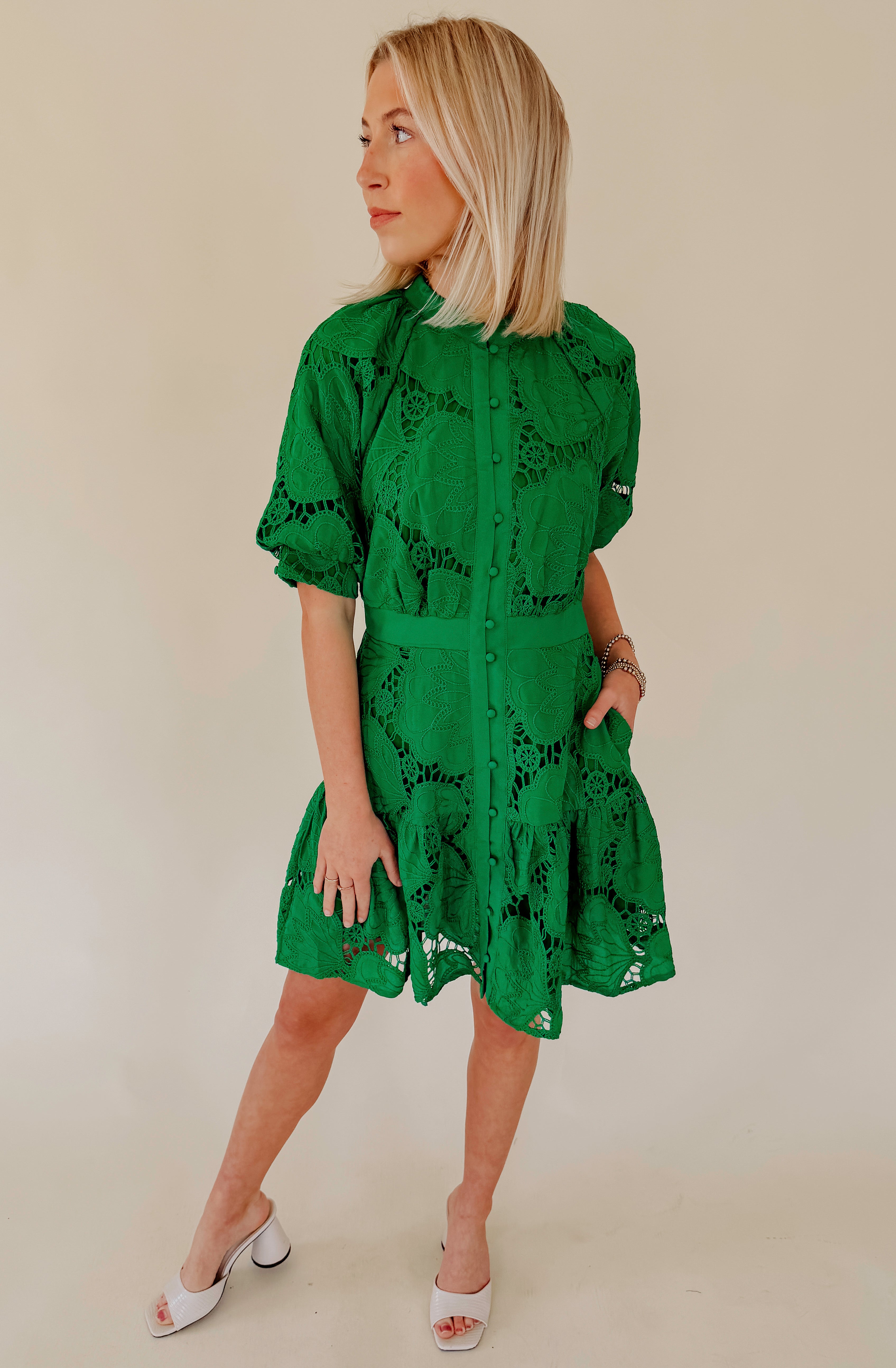 CIEBON GREEN WITH ENVY EMBROIDERED MINI DRESS