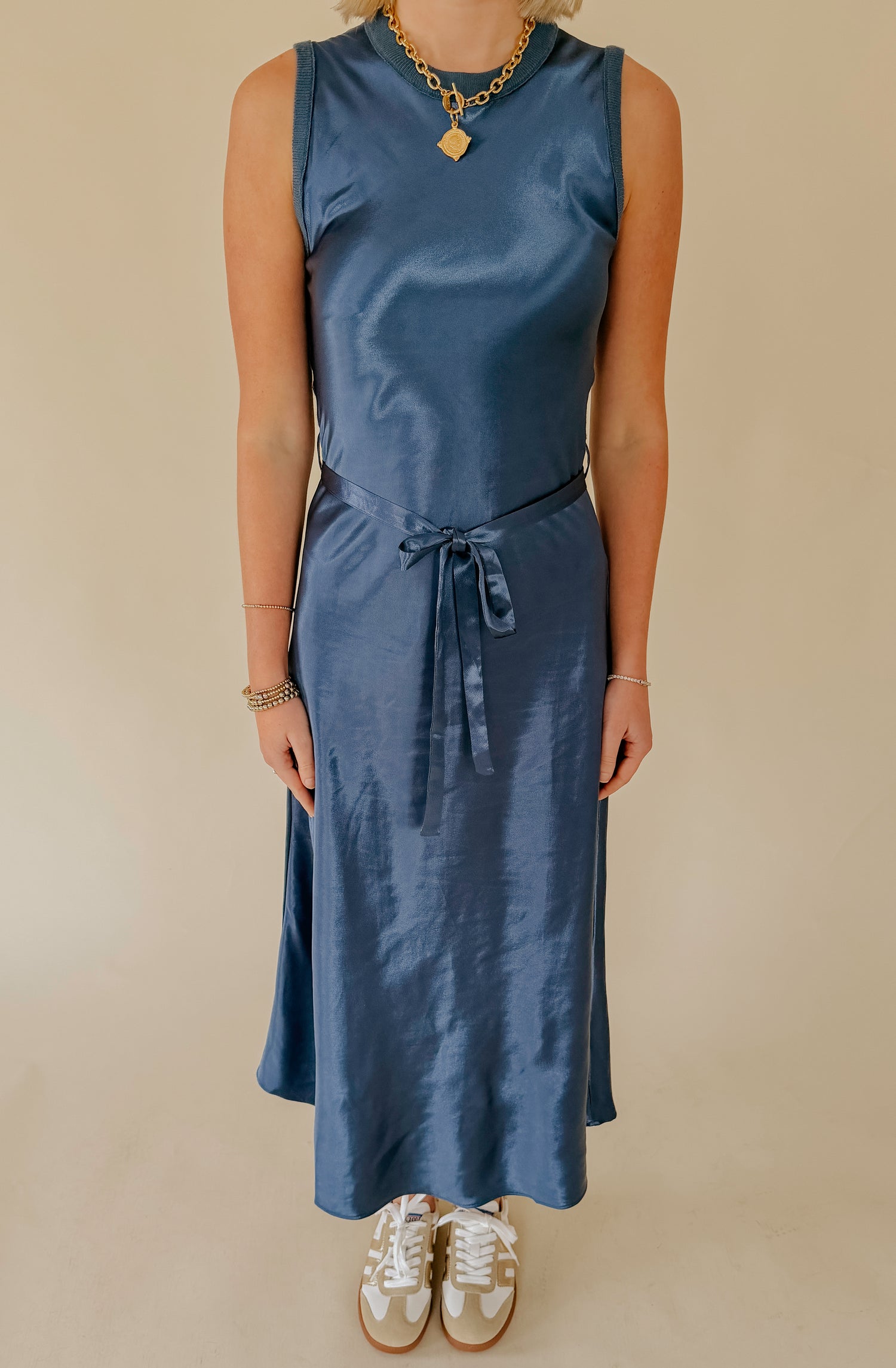 NIGHT CHANGES BELTED MIDI DRESS