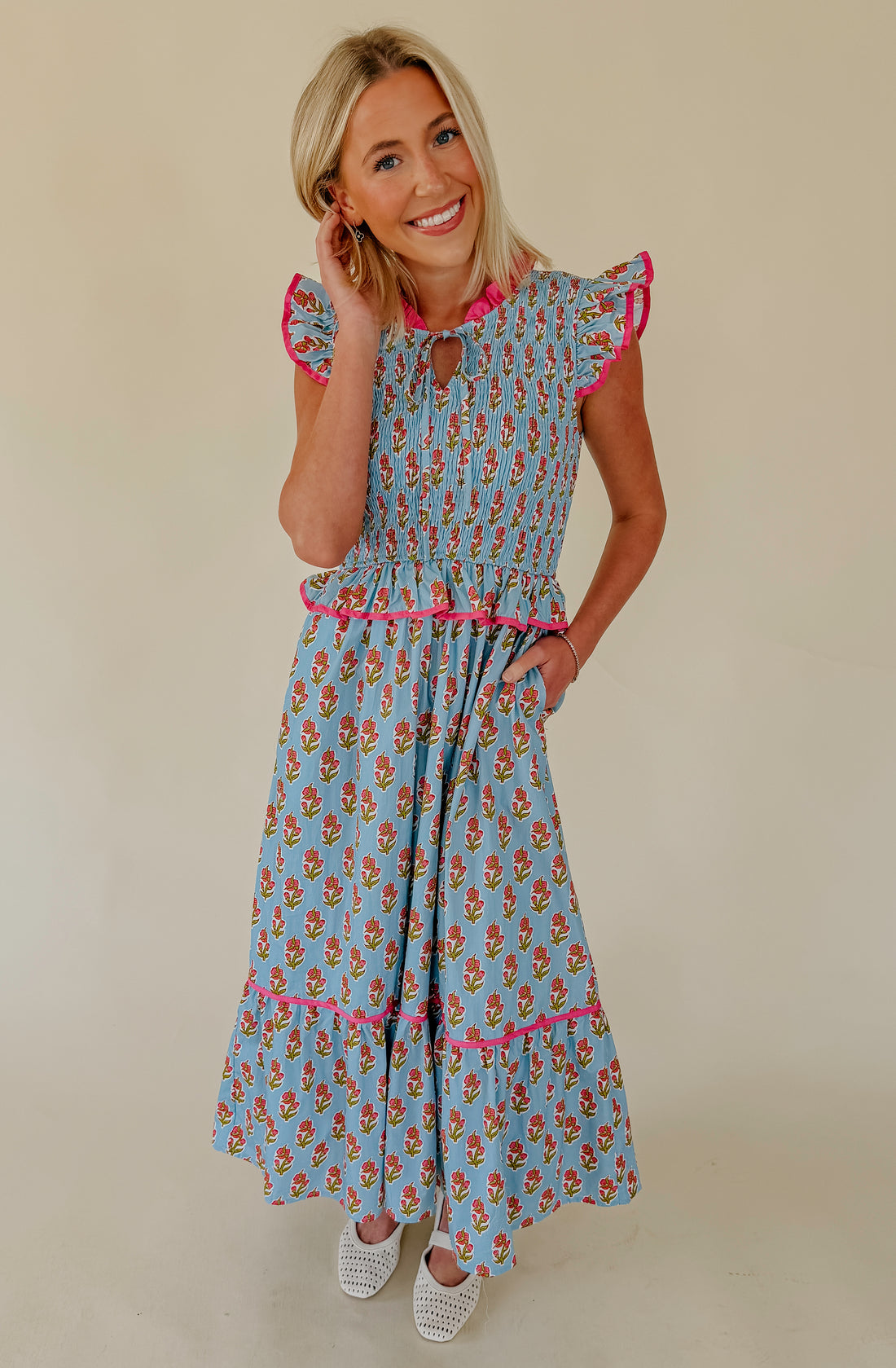 PETAL FORWARD SMOCKED MIDI DRESS