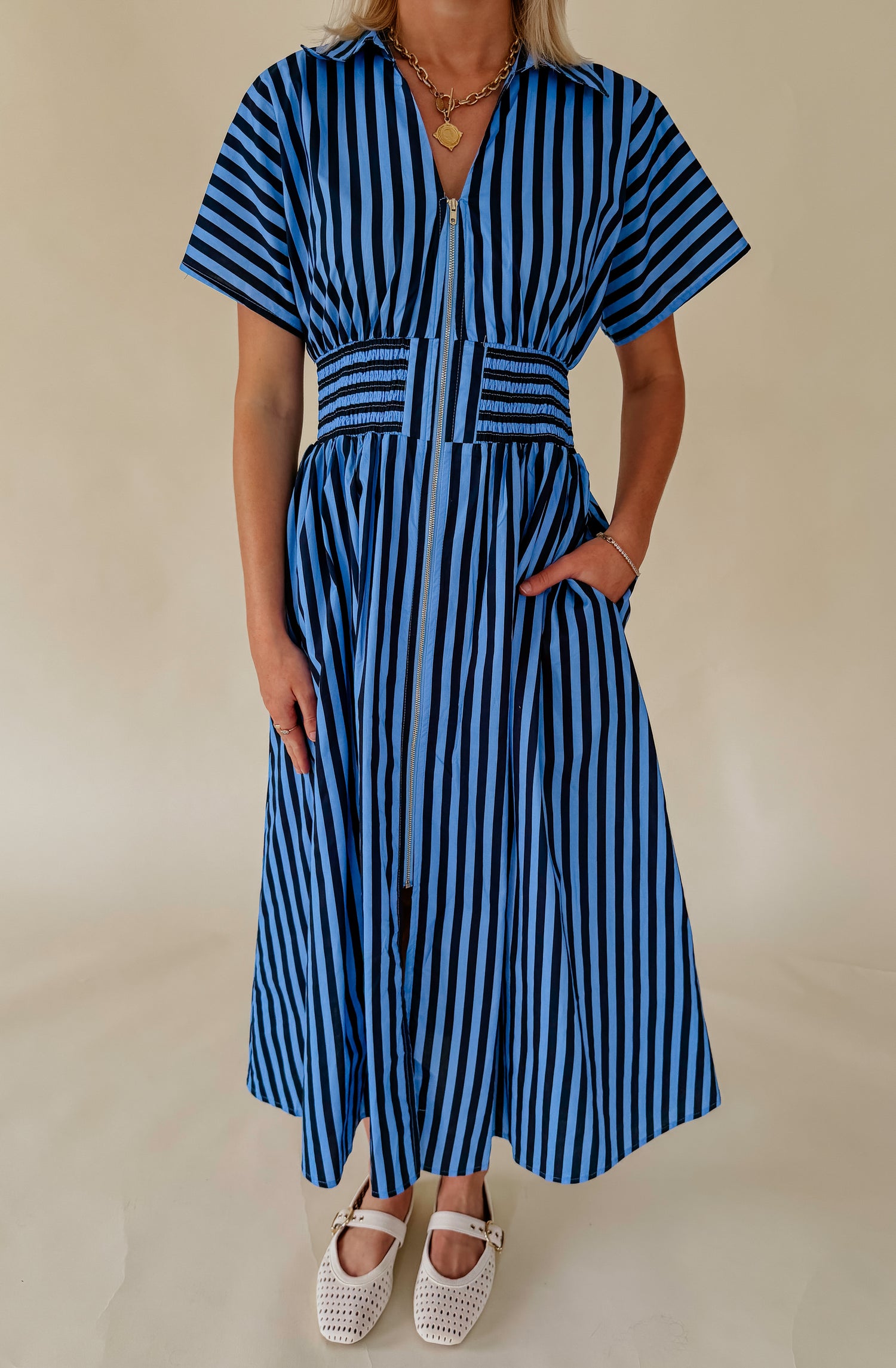 SAIL AWAY STRIPED MIDI DRESS