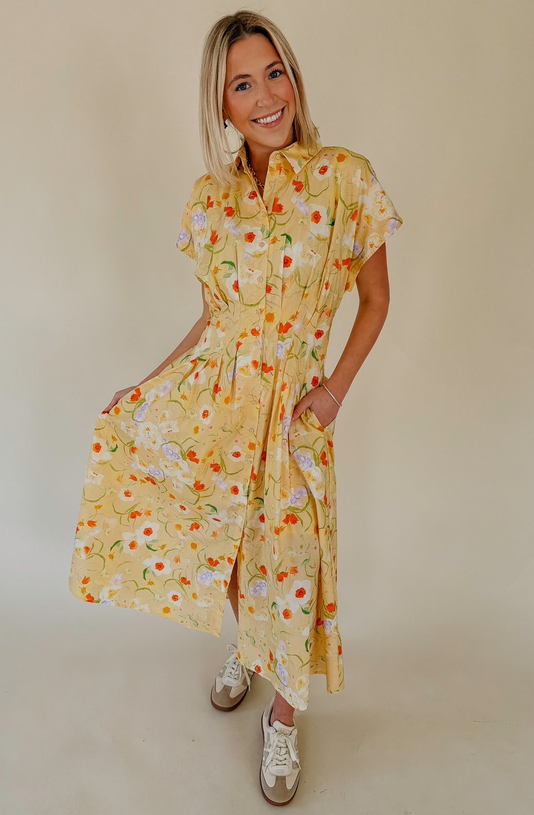 BRIGHTEN YOUR DAY BUTTONED MIDI DRESS