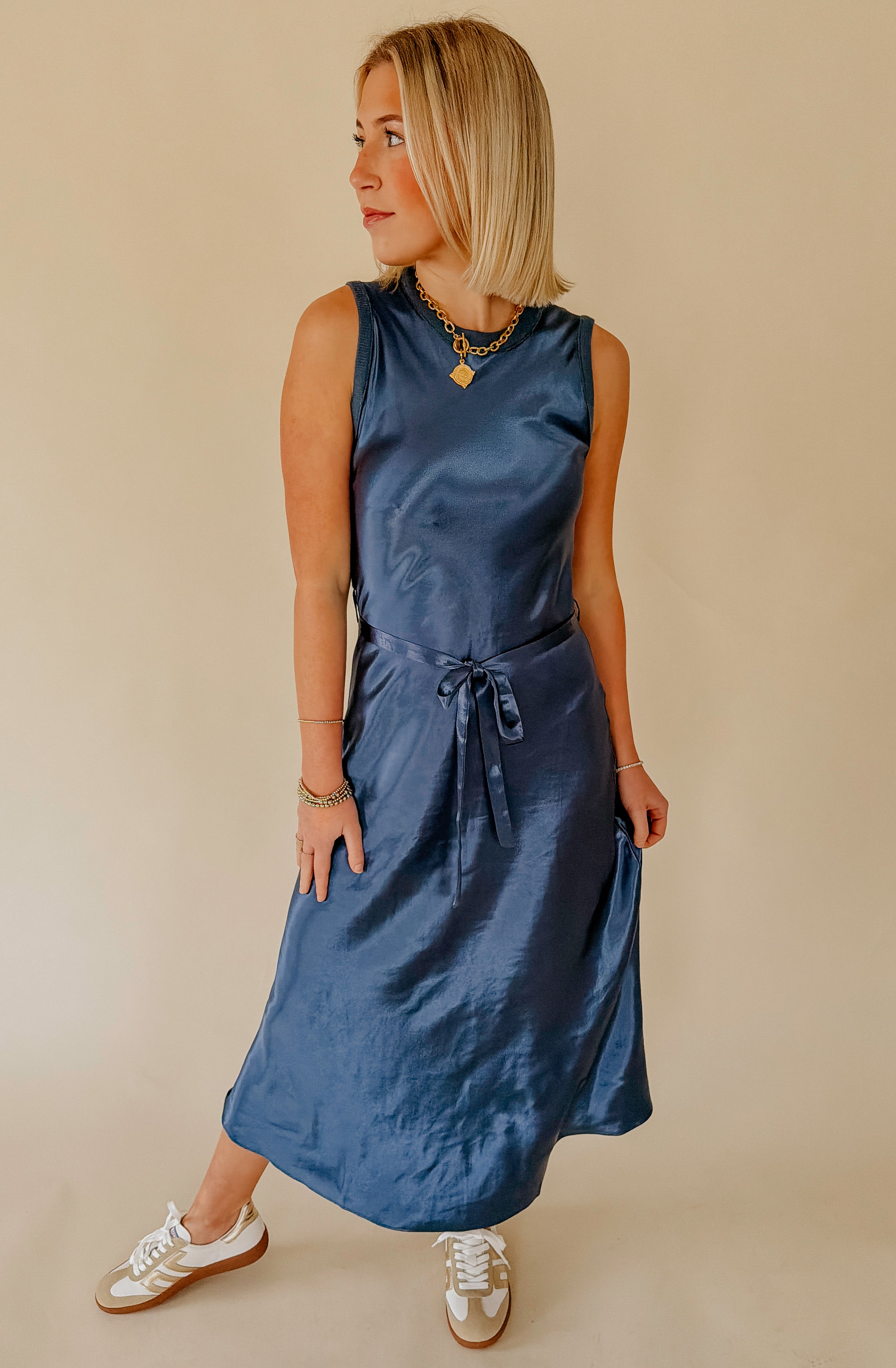 NIGHT CHANGES BELTED MIDI DRESS