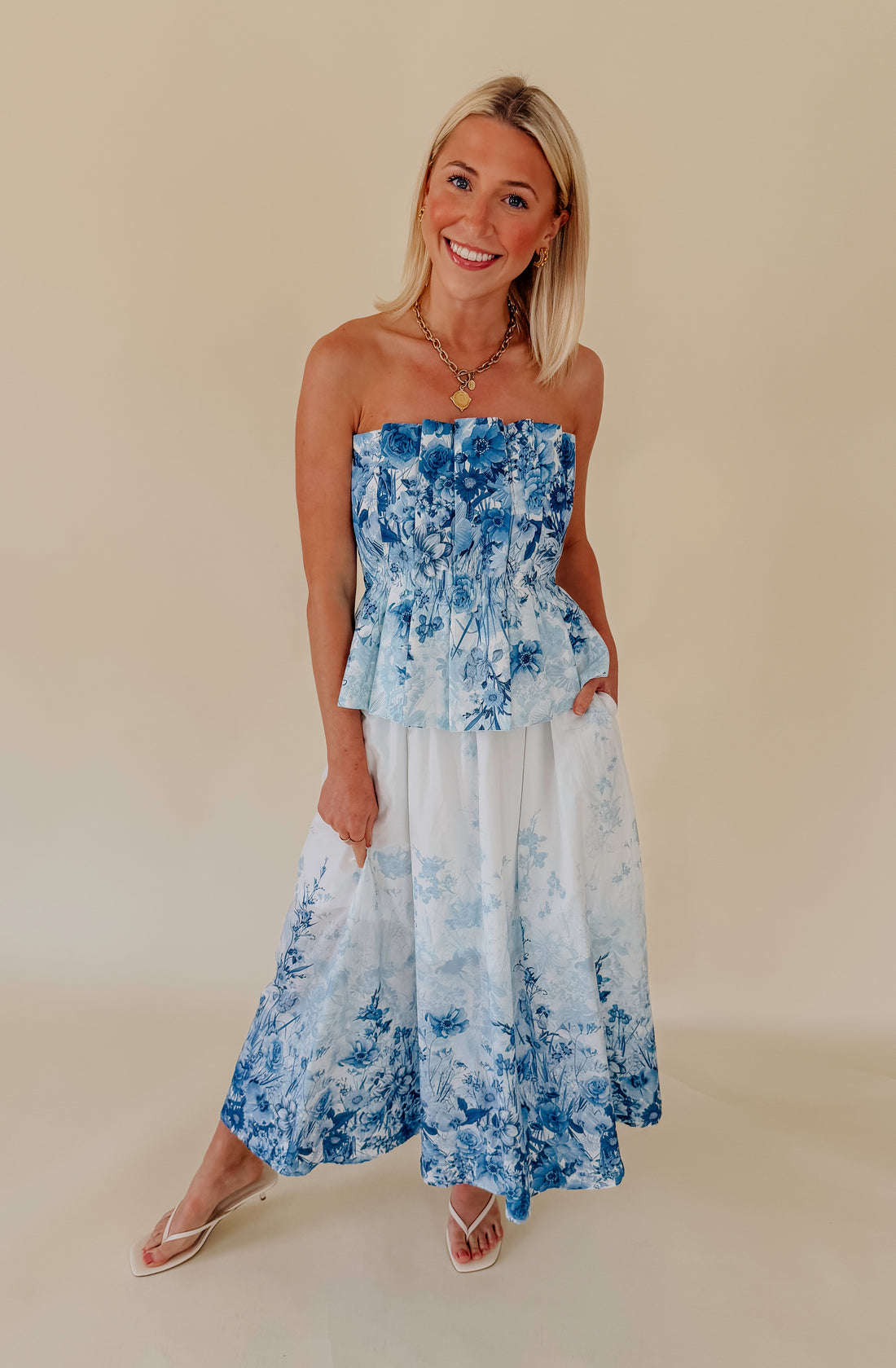 HAVING A BALL STRAPLESS MIDI DRESS