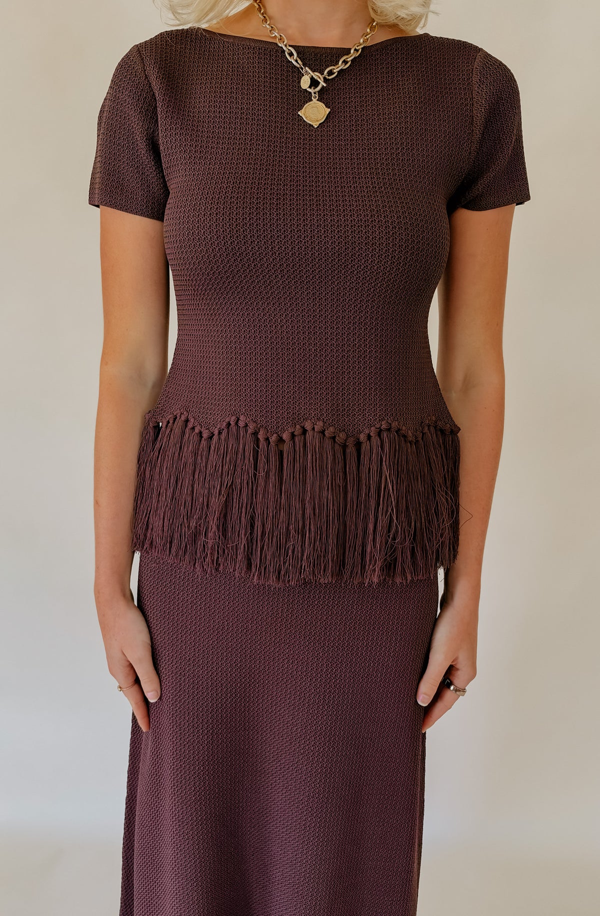 ENGLISH FACTORY FRINGE SHORT SLEEVE KNIT TOP