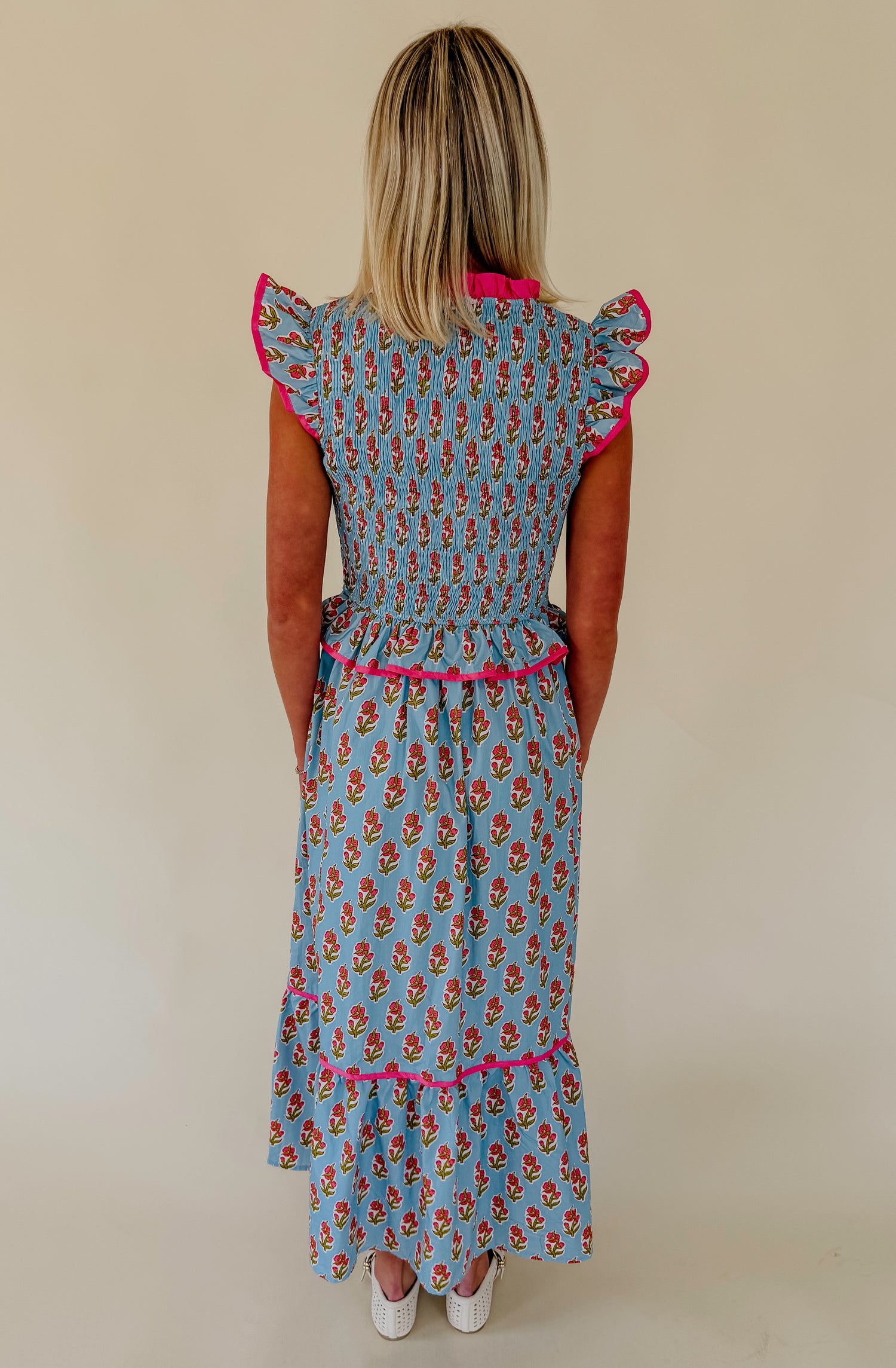 PETAL FORWARD SMOCKED MIDI DRESS