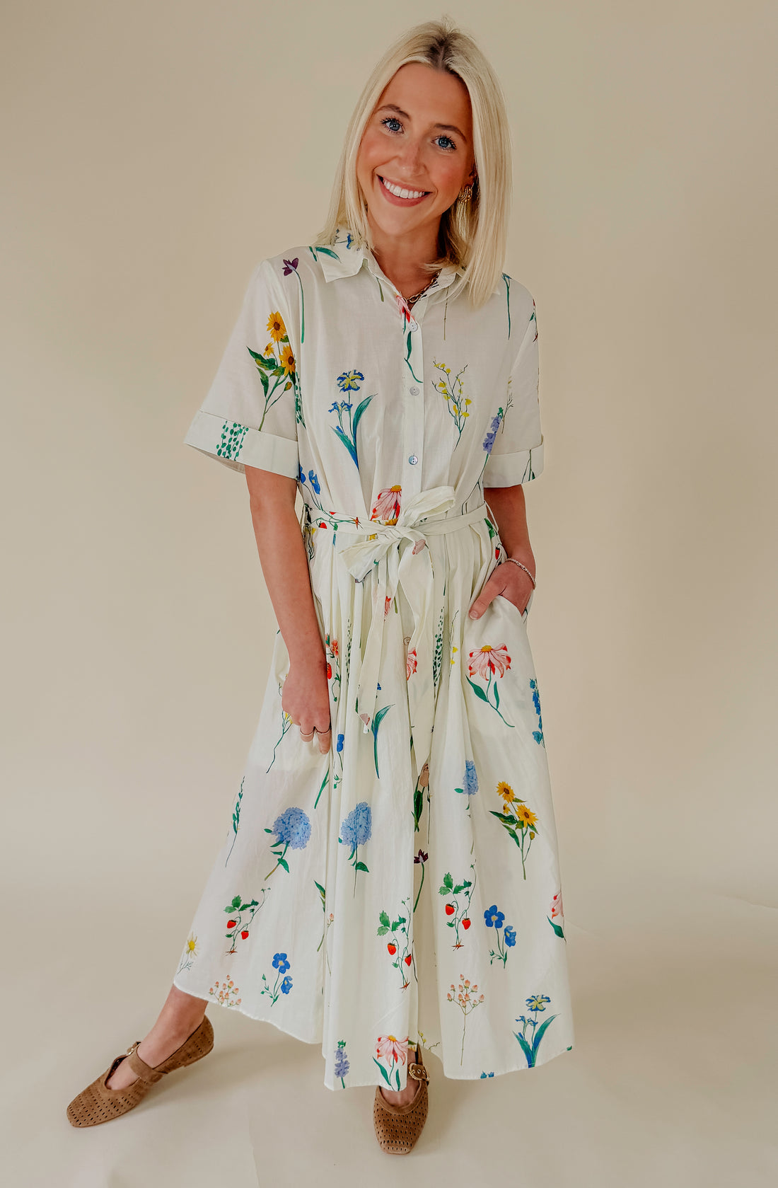 THE DANA FLORAL BELTED MIDI DRESS