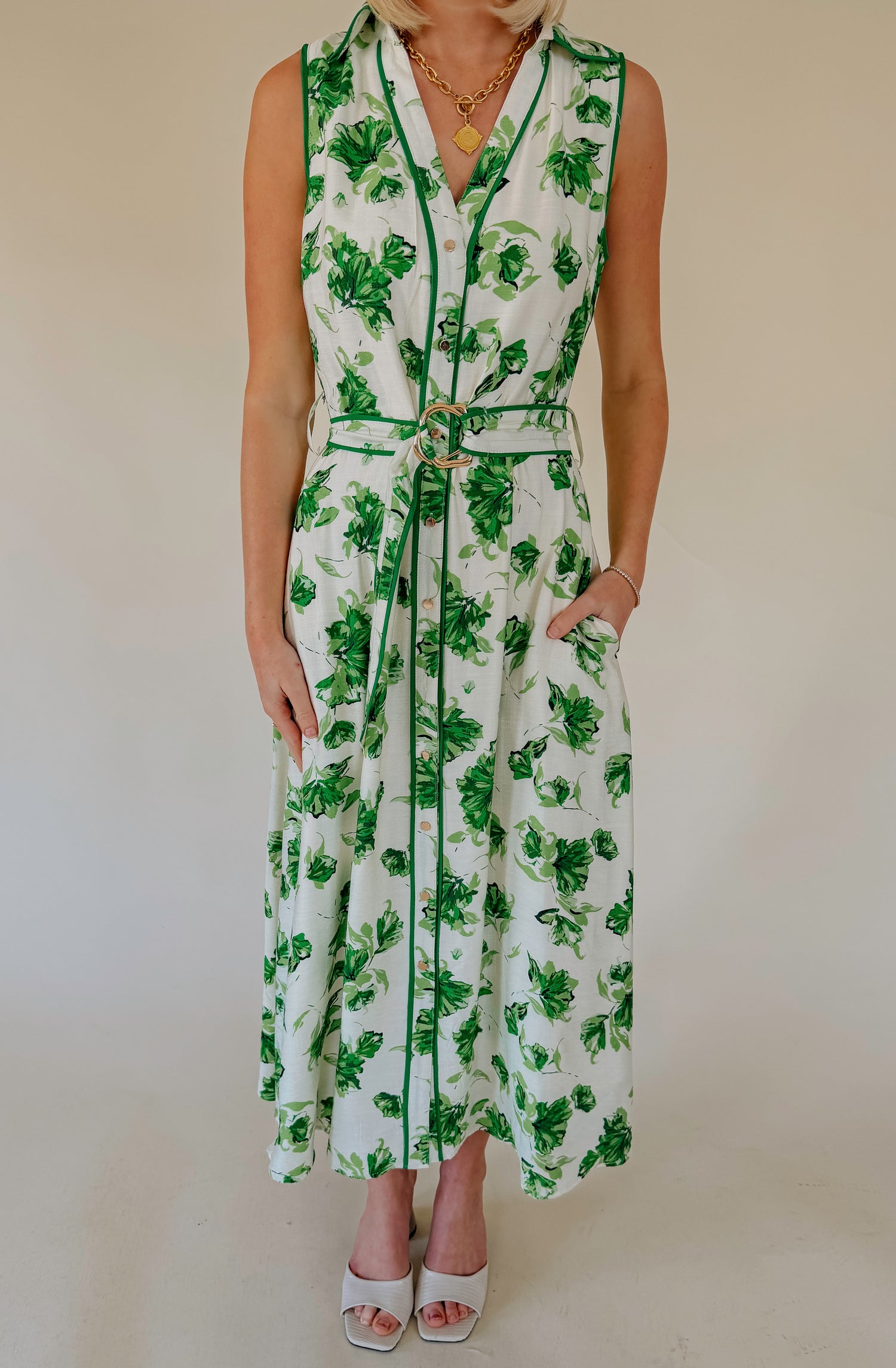 GREEN WITH ENVY BUTTONED MIDI DRESS