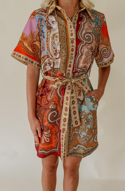 PAISLEY PRINTED BELTED MINI DRESS