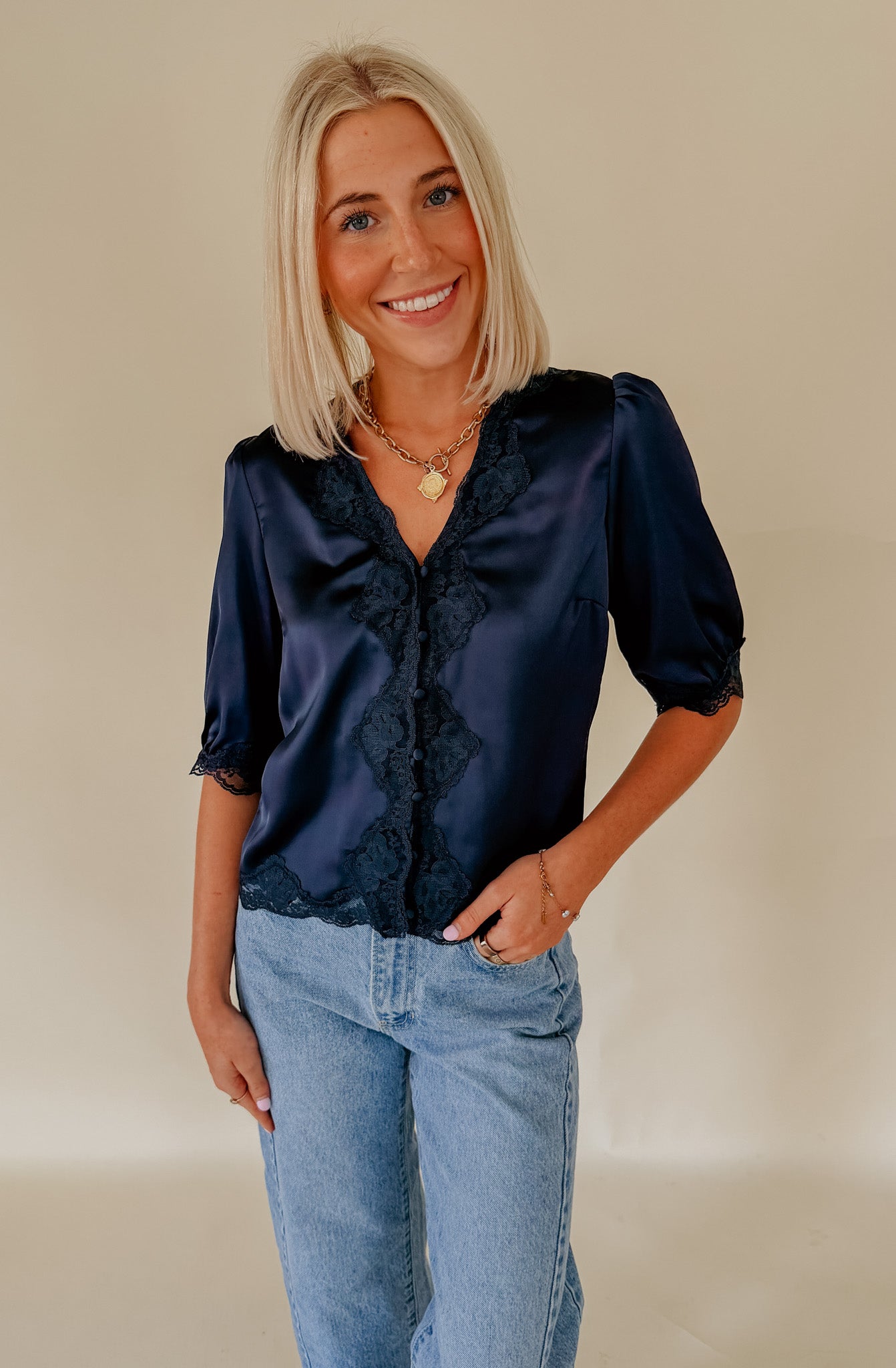 MIDNIGHTS LACE TRIM BLOUSE