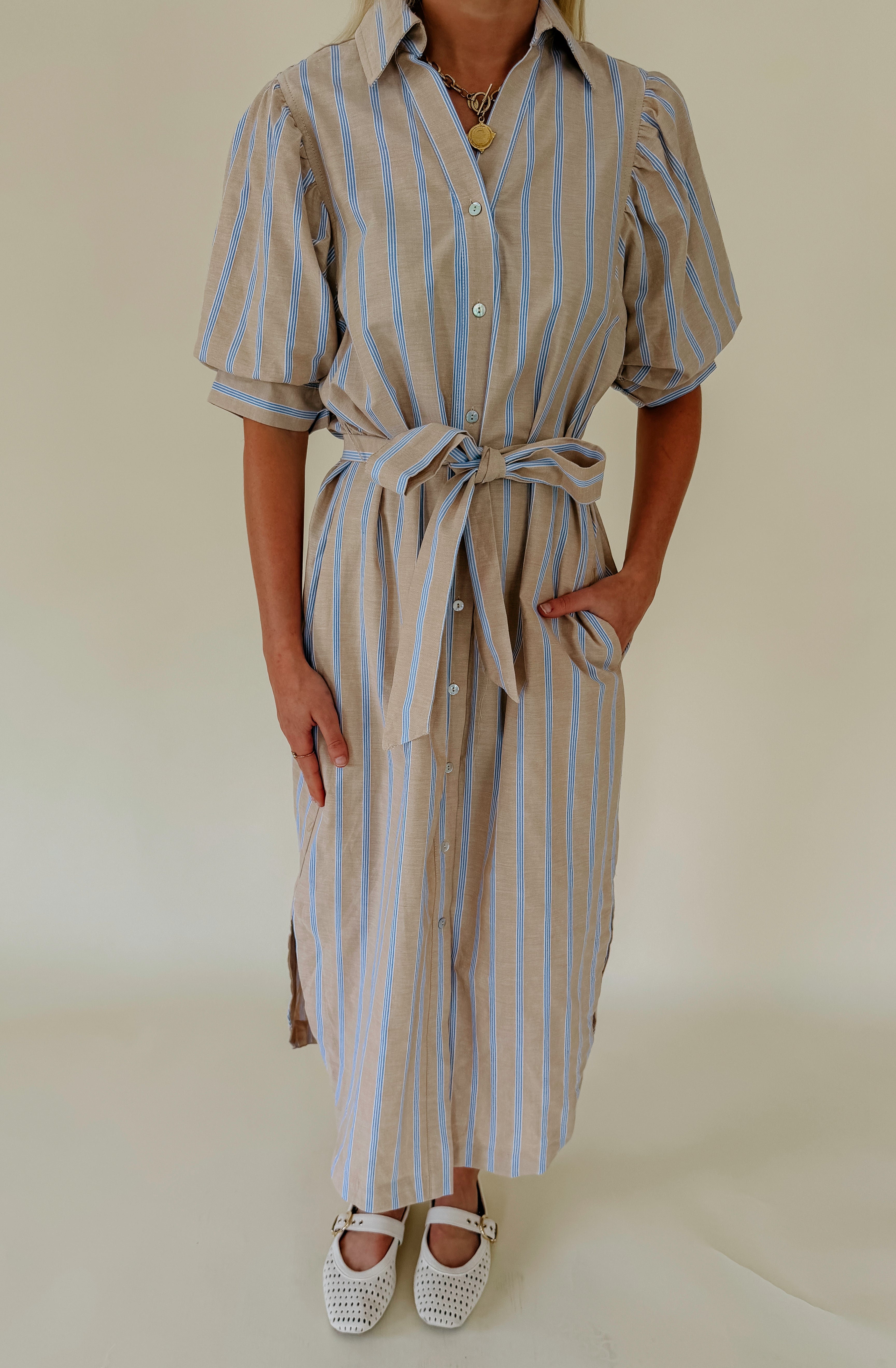 TAKING CARE OF BUSINESS TIE WAIST MIDI DRESS
