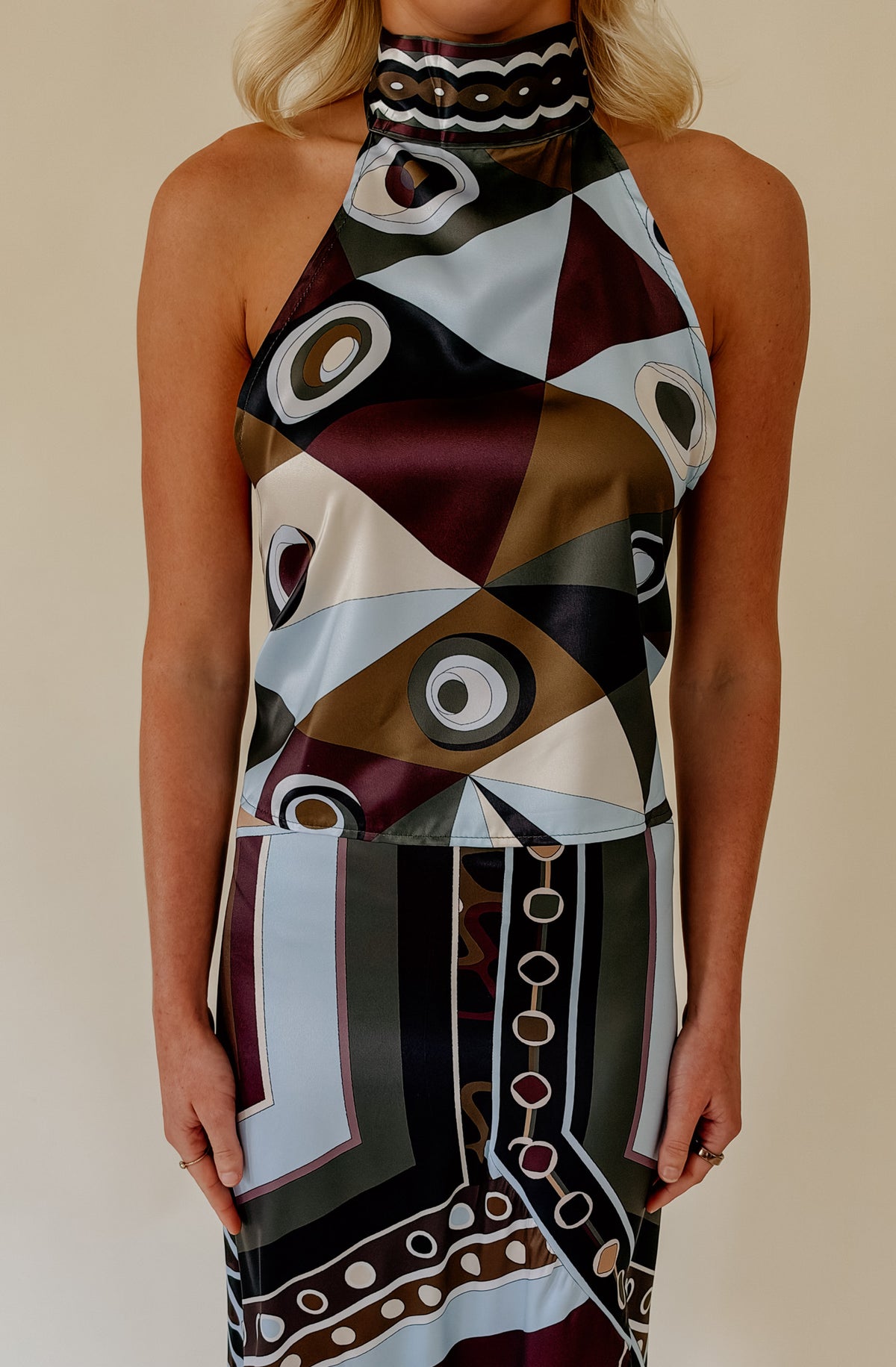 ABSTRACT GEOMETRIC HALTER SKIRT SET