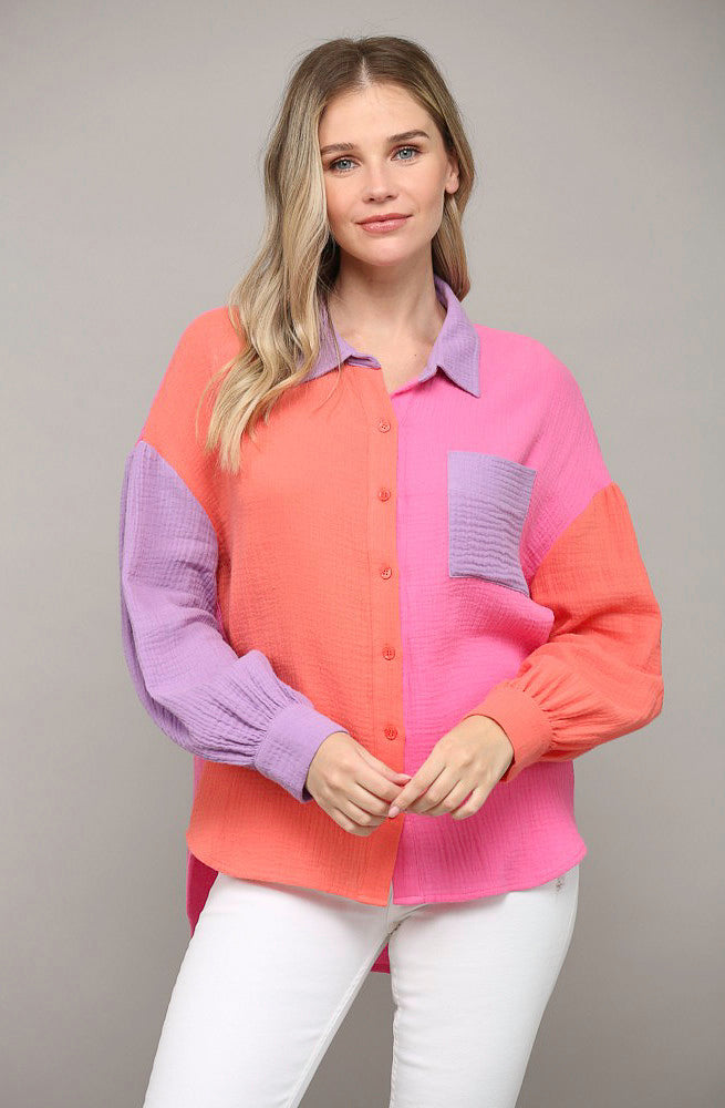 BLOCKED PARTY BUTTONED TOP